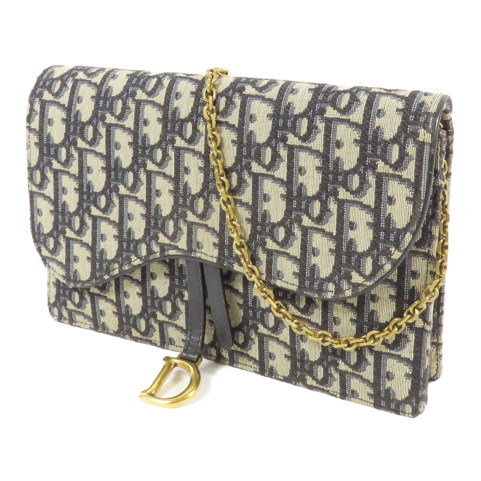 Dior CD GHW Saddle Pouch with Chain Shoulder Bag Canvas Navy