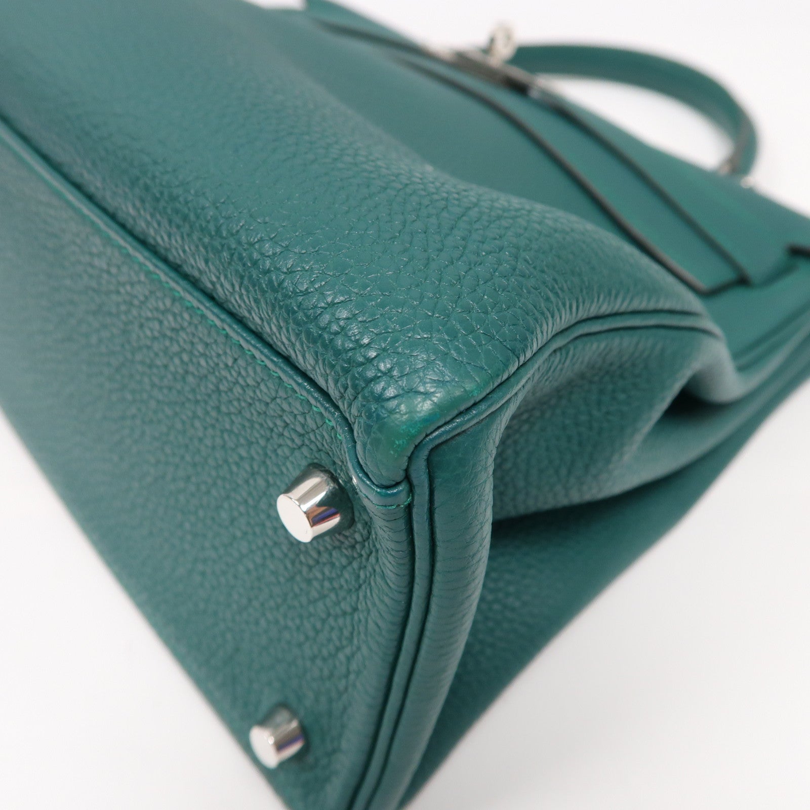 HERMES Clemence皮革Kelly 32銀扣手挽肩背兩用袋絲絨綠色