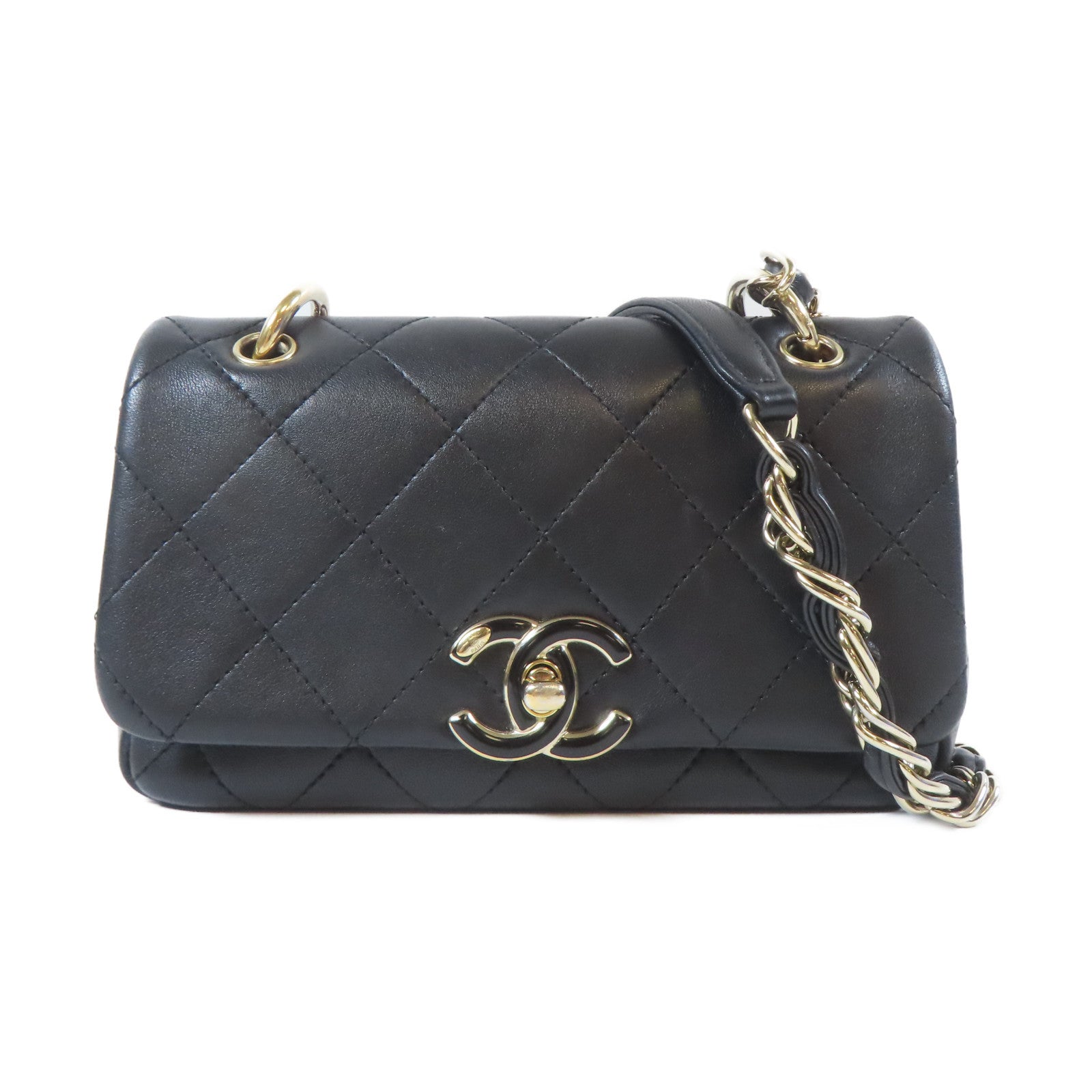 CHANEL 菱格羊皮皮革Flap Bag金扣鏈帶肩背袋黑色