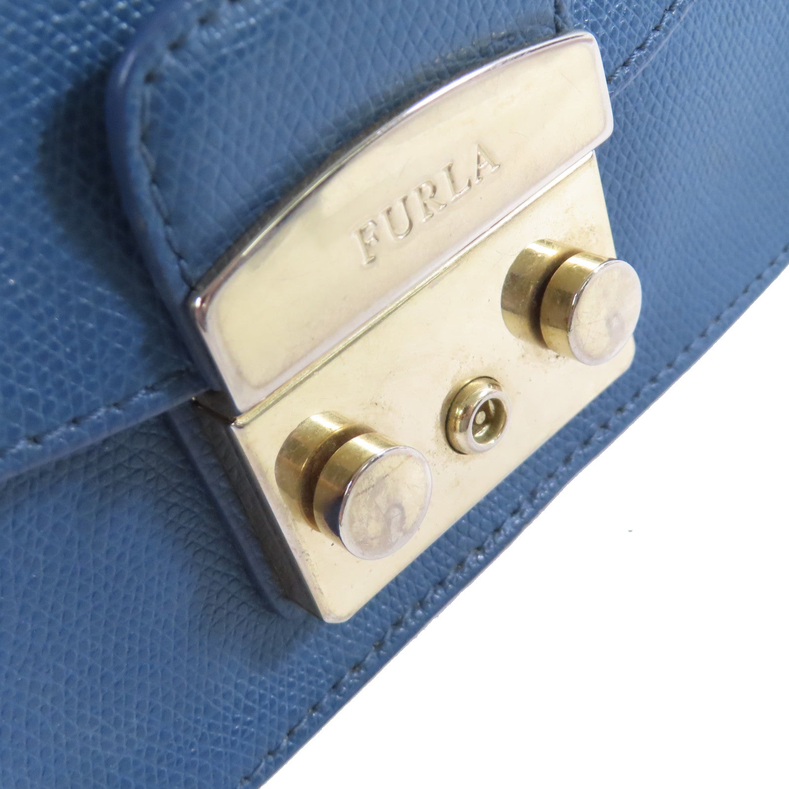 Furla 牛皮皮革Shoulder Bag金扣鏈帶肩背袋藍色