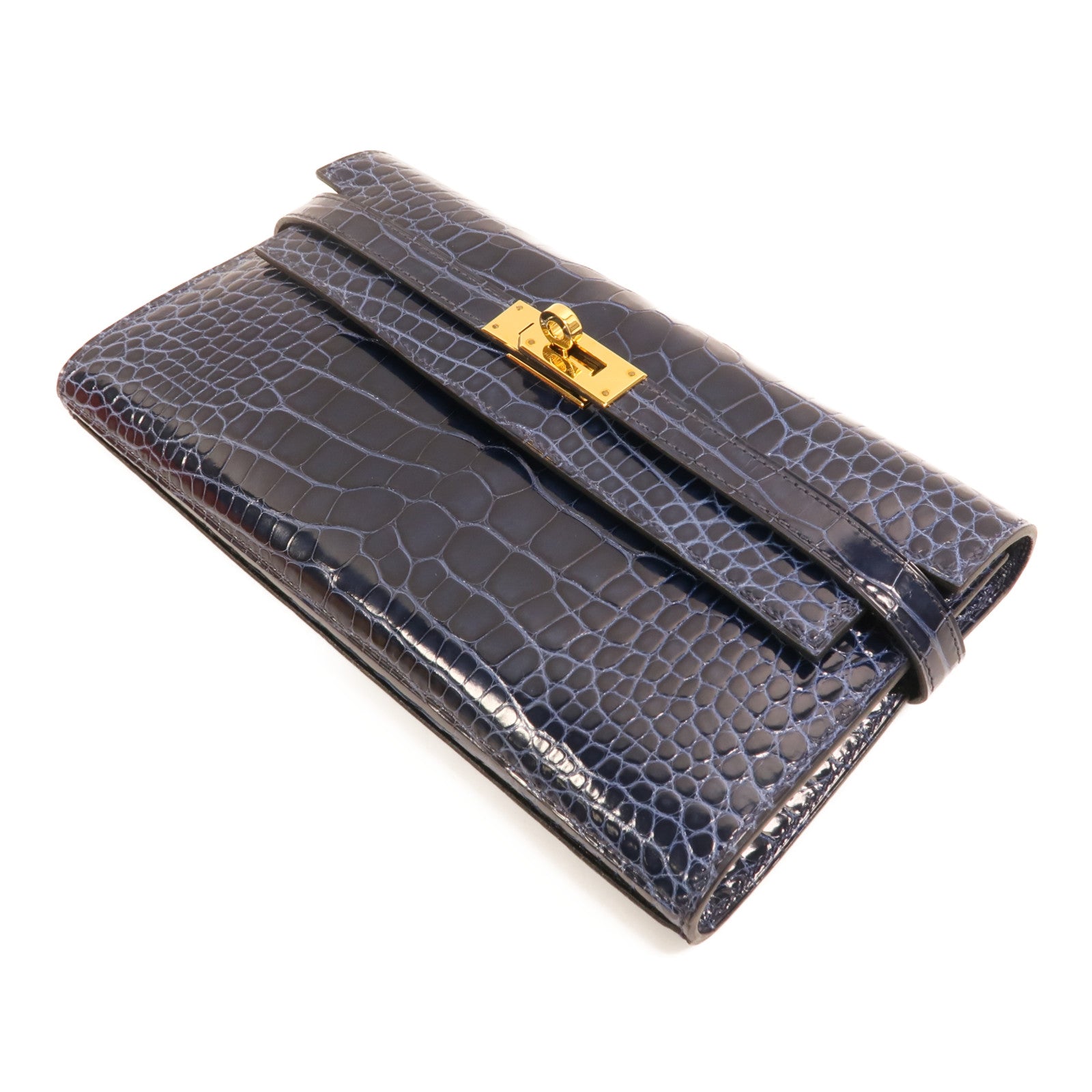 HERMES Alligator皮革Kelly Long Wallet金扣長錢包Bleu Saphir