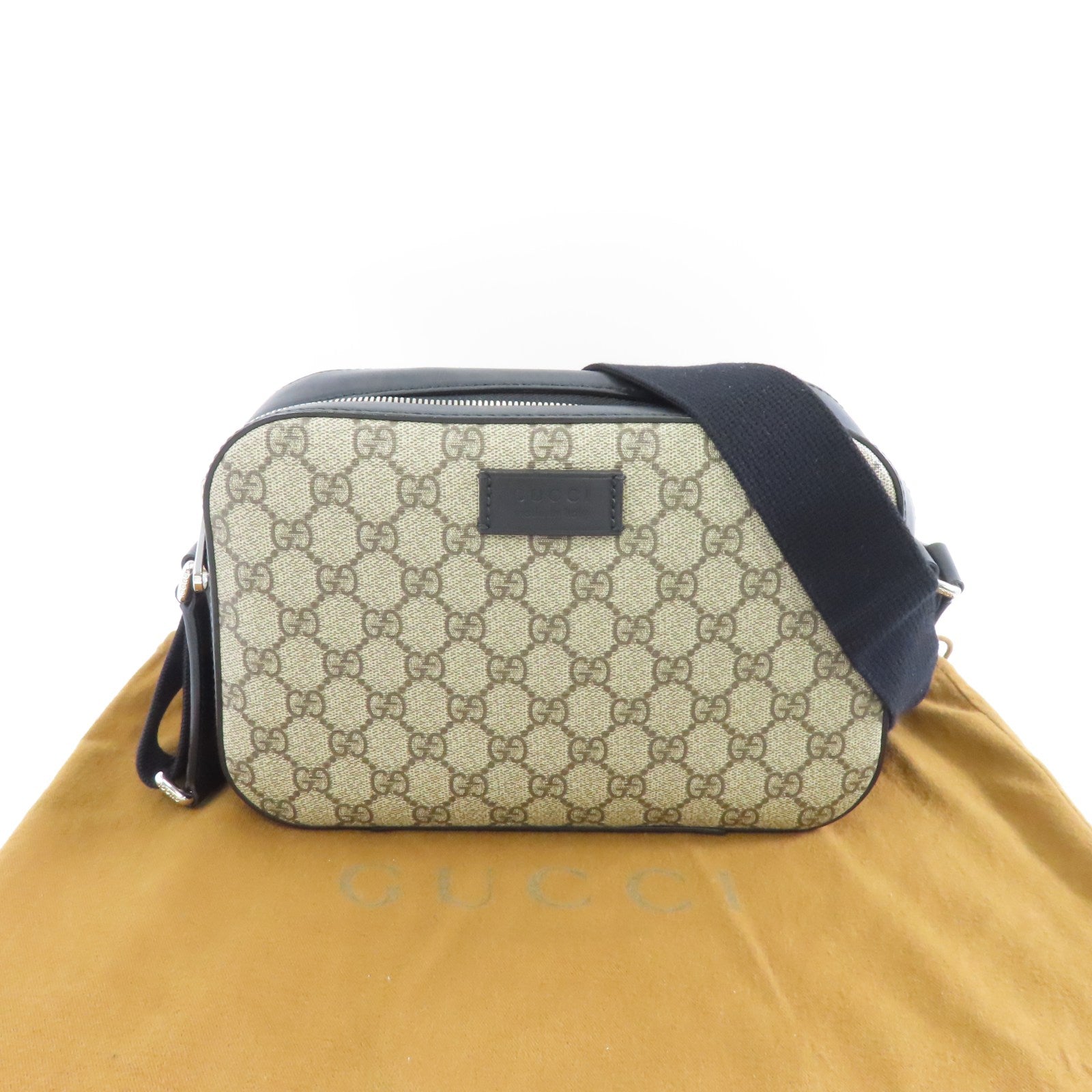 GUCCI 牛皮皮革/塗層帆布銀扣肩背袋黑色