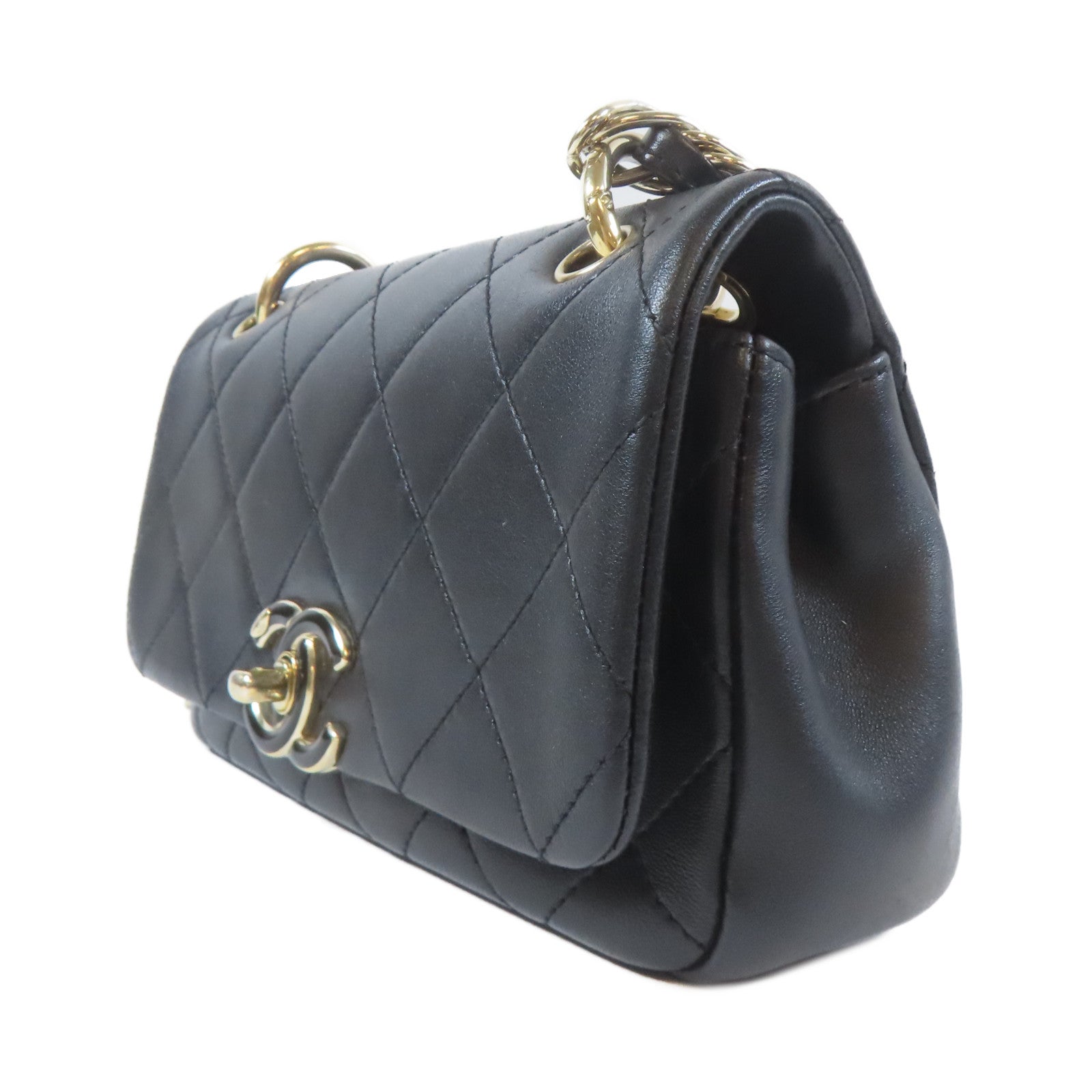 CHANEL 菱格羊皮皮革Flap Bag金扣鏈帶肩背袋黑色