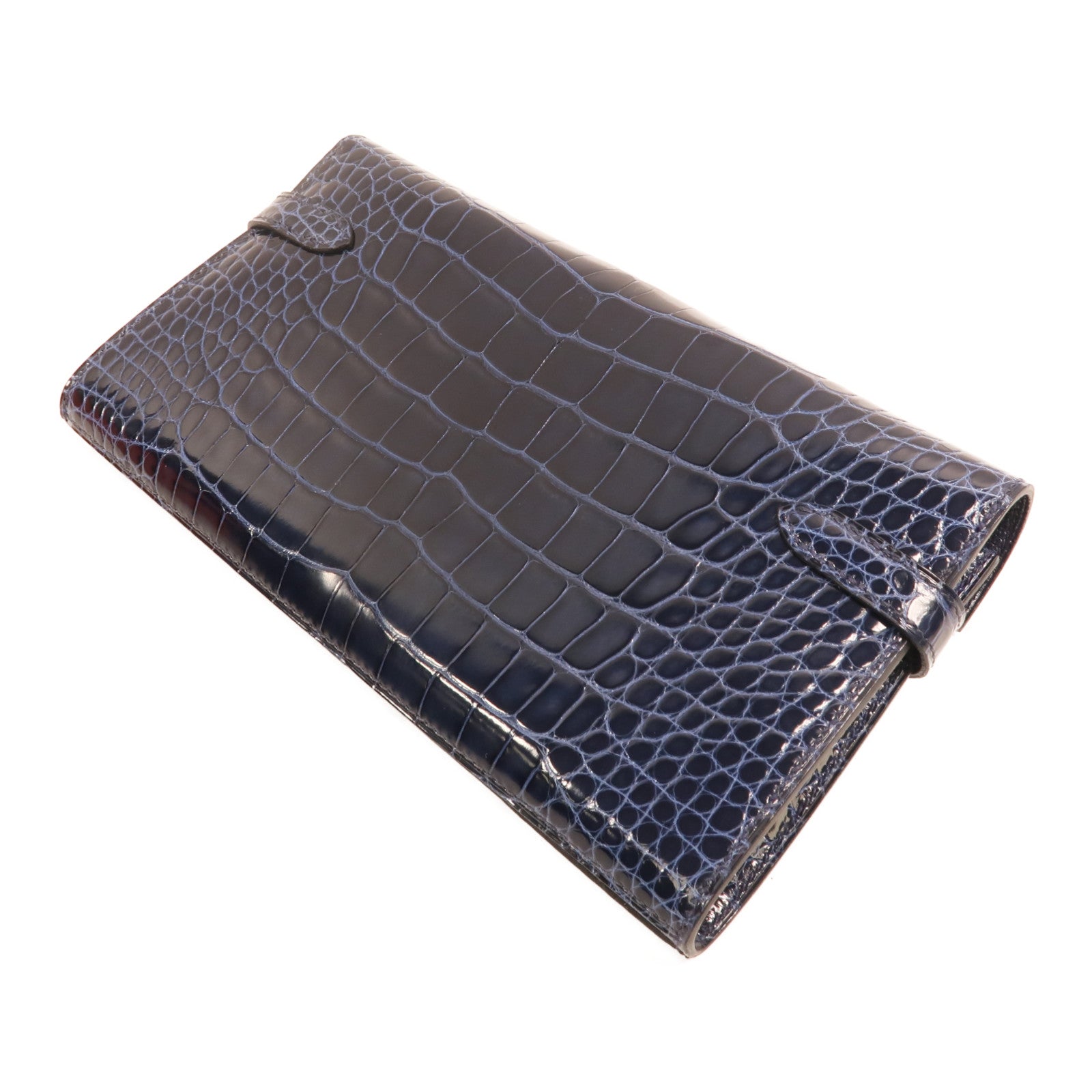 HERMES Alligator皮革Kelly Long Wallet金扣長錢包Bleu Saphir