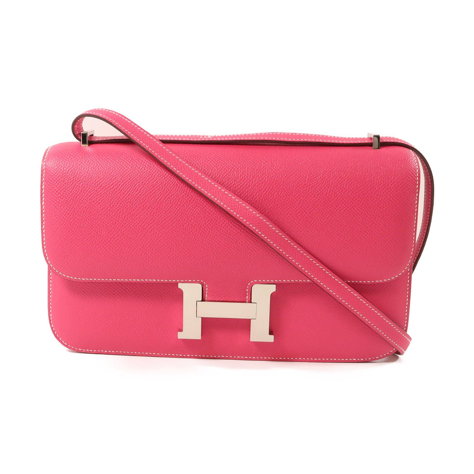 HERMES Epsom皮革Constance Elan銀扣肩背袋Rose Tyrien/粉紅色