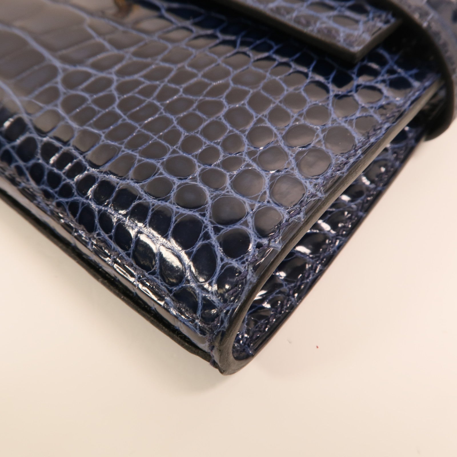 HERMES Alligator皮革Kelly Long Wallet金扣長錢包Bleu Saphir
