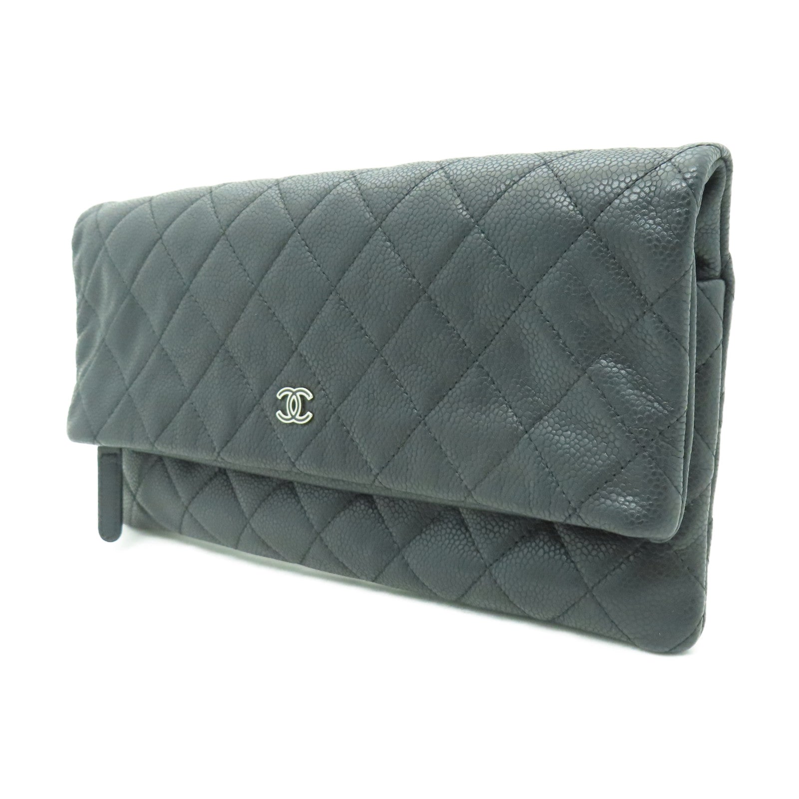 CHANEL 【激減優惠】菱格Caviar皮革Pouch銀扣手拿包黑色