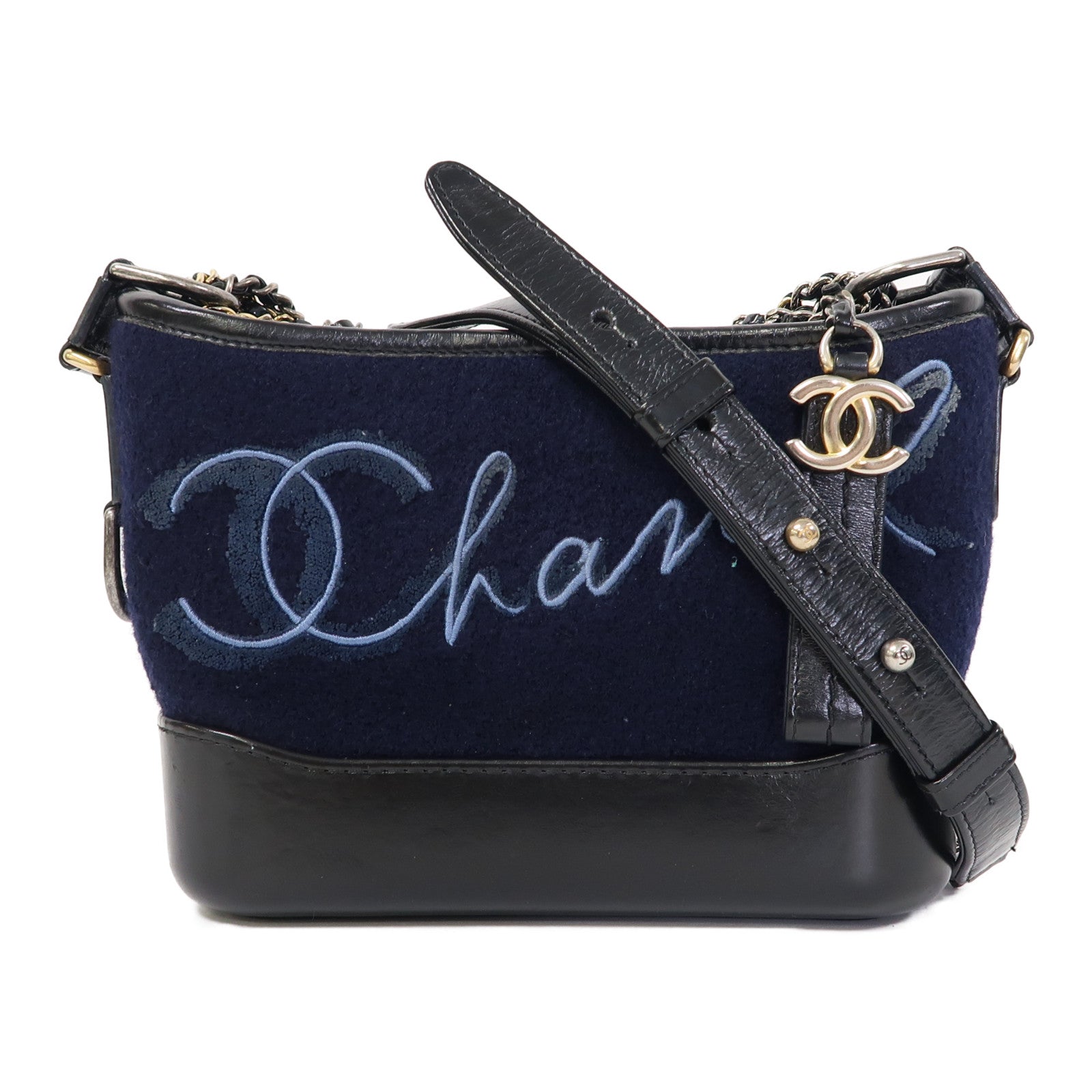CHANEL 【激減優惠】牛皮皮革/帆布Gabrielle鏈帶肩背袋深藍色/黑色