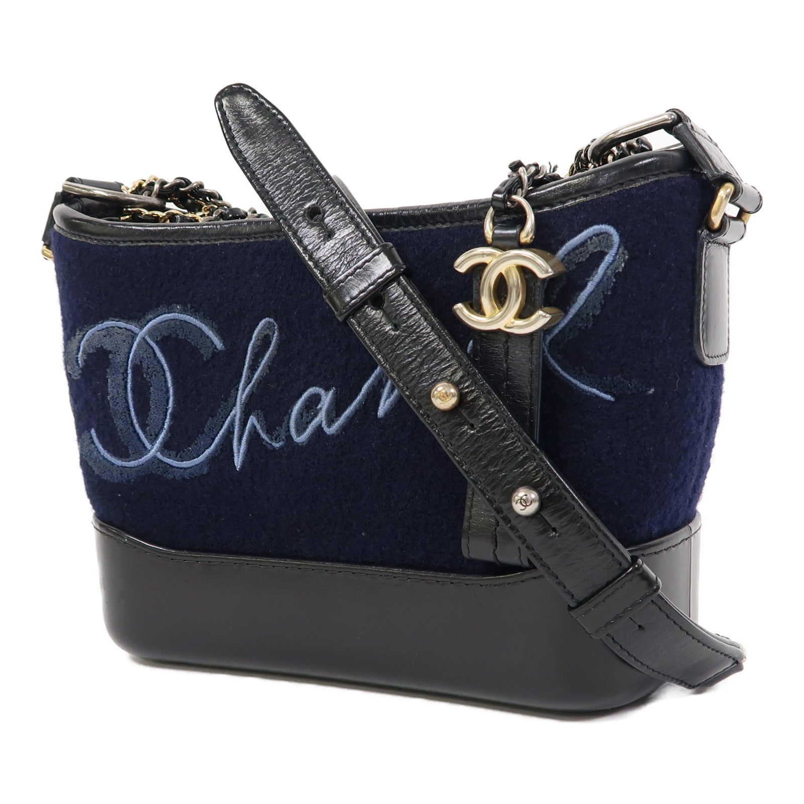 CHANEL 【激減優惠】牛皮皮革/帆布Gabrielle鏈帶肩背袋深藍色/黑色