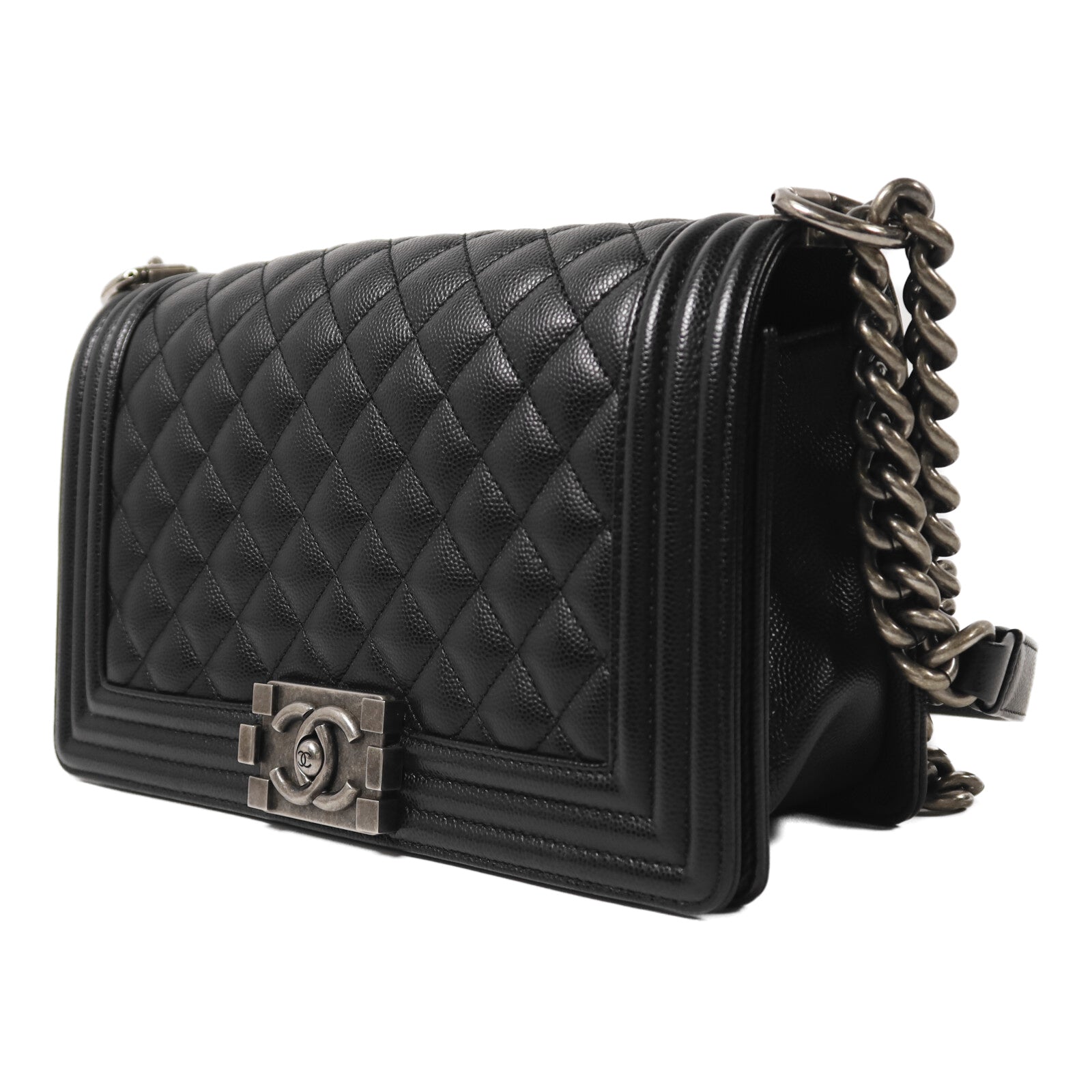 CHANEL 牛皮皮革Boy 25銀扣鏈帶肩背袋