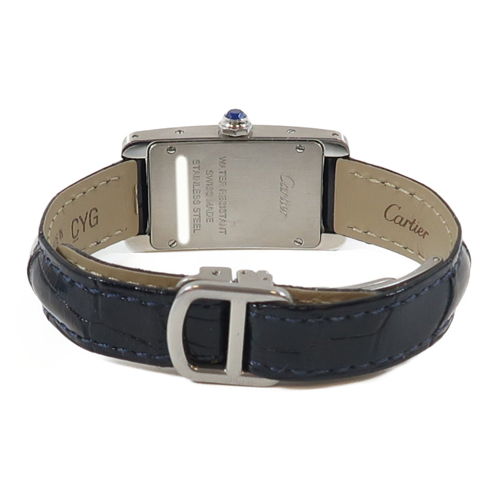 CARTIER Tank American不鏽鋼/鱷魚皮革帶手錶石英機芯銀色