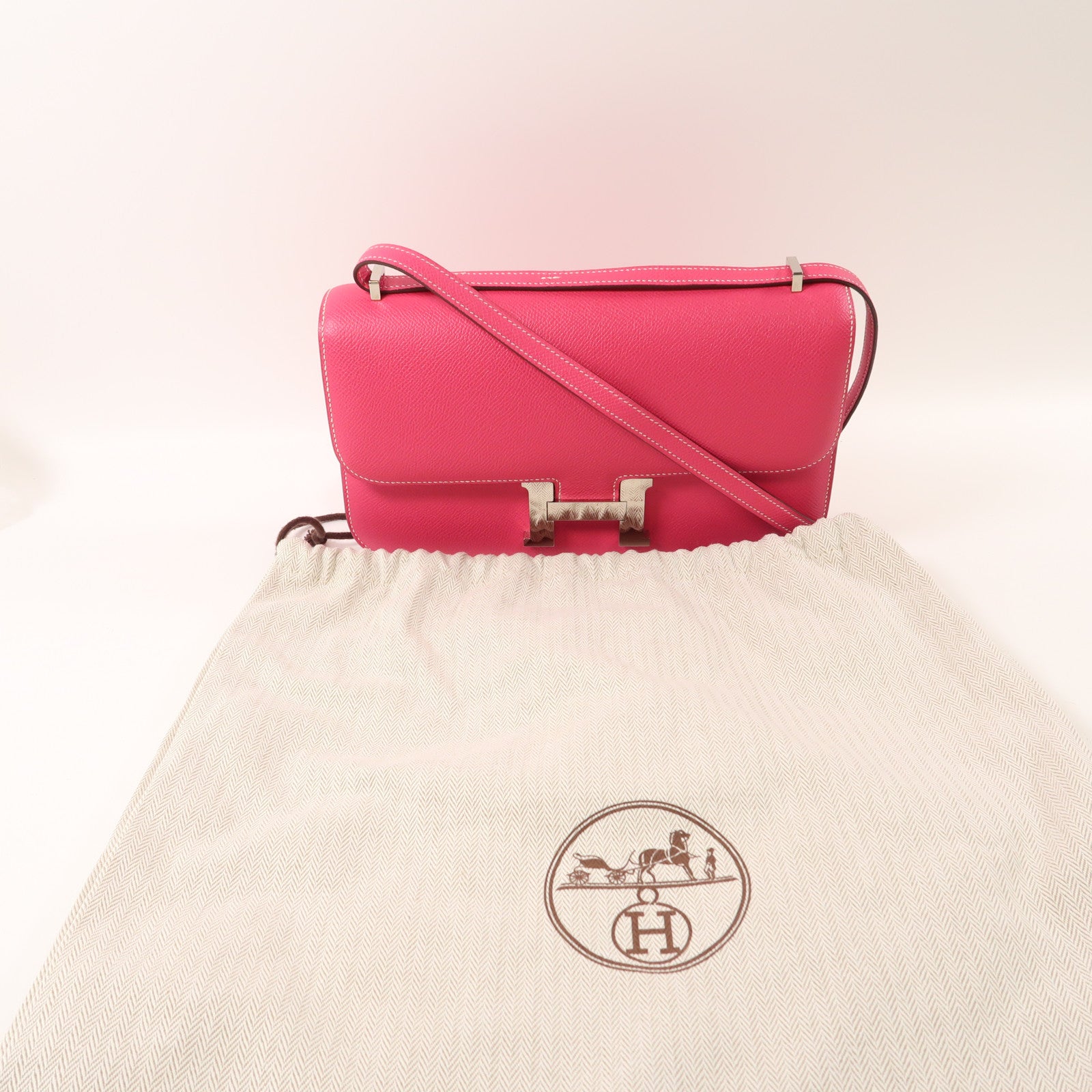 HERMES Epsom皮革Constance Elan銀扣肩背袋Rose Tyrien/粉紅色