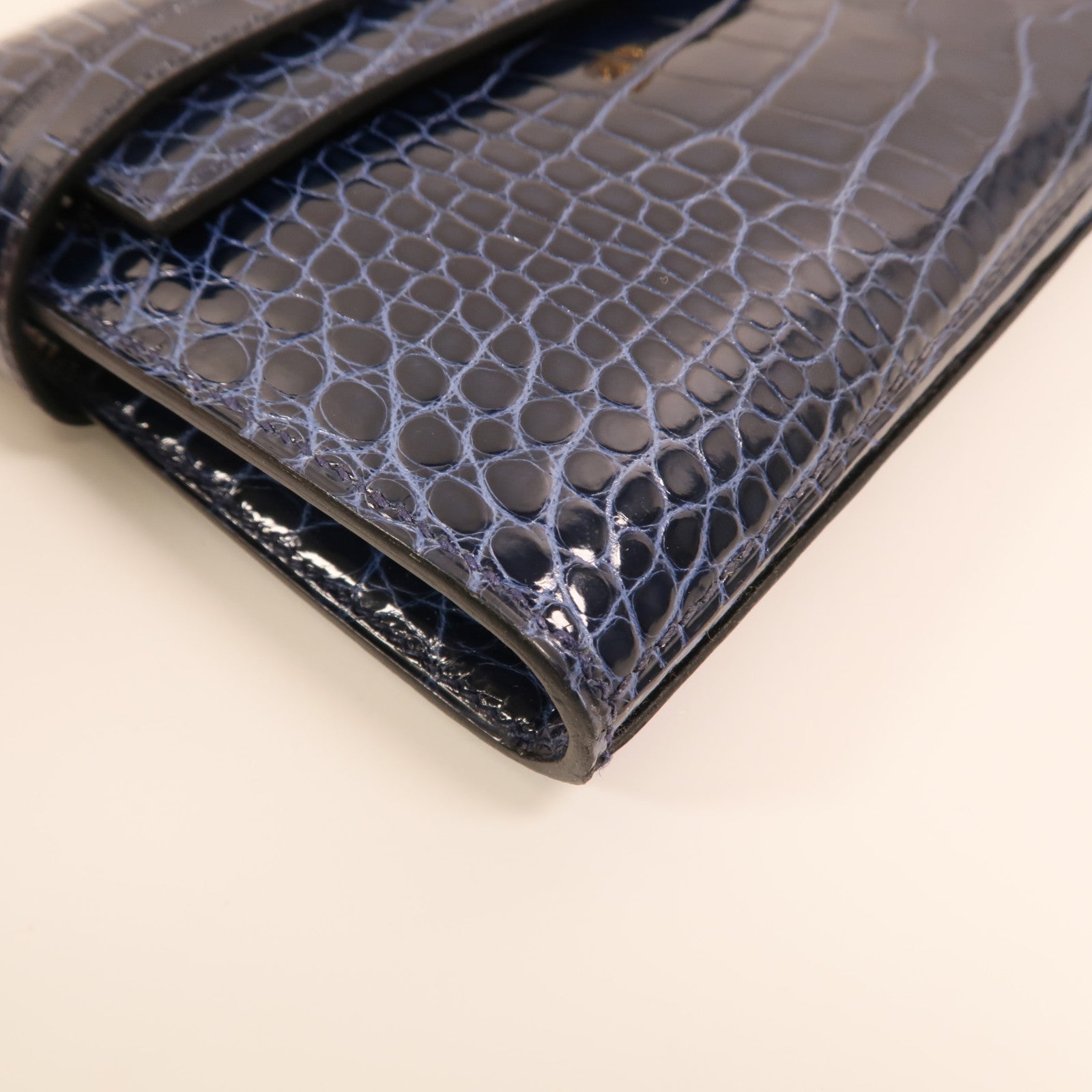 HERMES Alligator皮革Kelly Long Wallet金扣長錢包Bleu Saphir