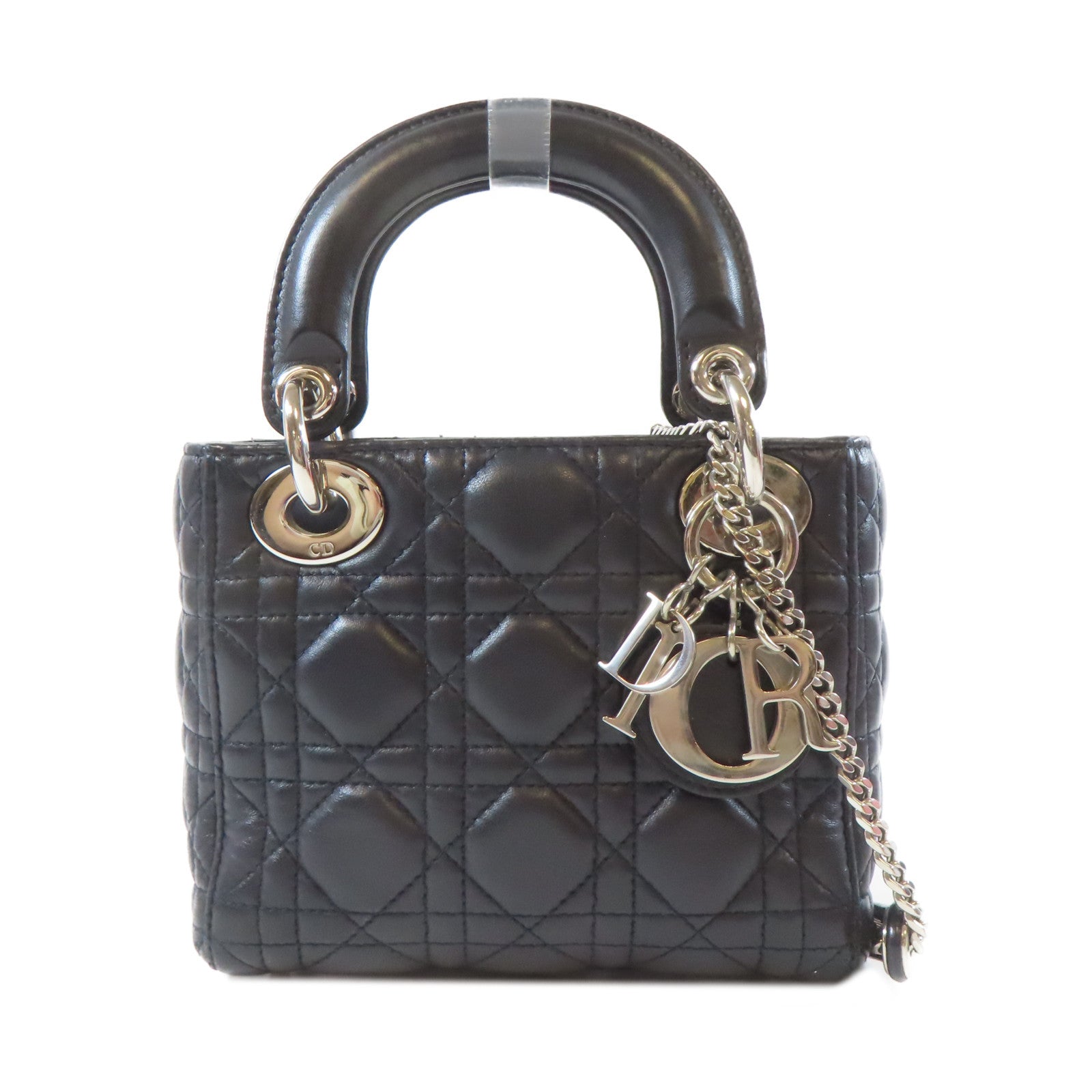 Dior 羊皮皮革Lady Dior Mini銀扣手挽肩背兩用袋深藍色