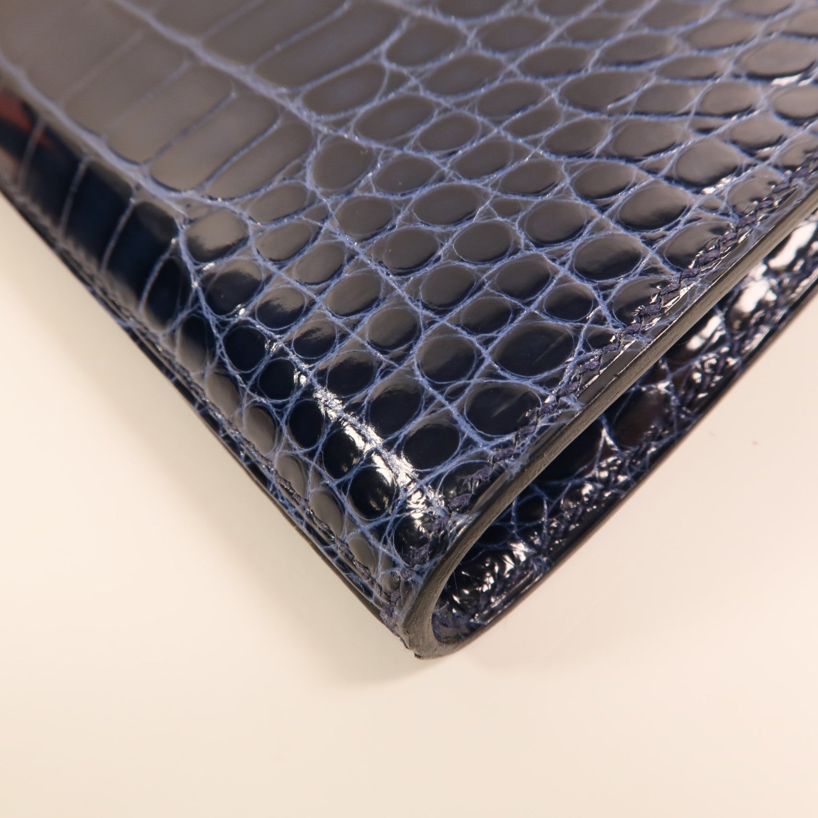 HERMES Alligator皮革Kelly Long Wallet金扣長錢包Bleu Saphir
