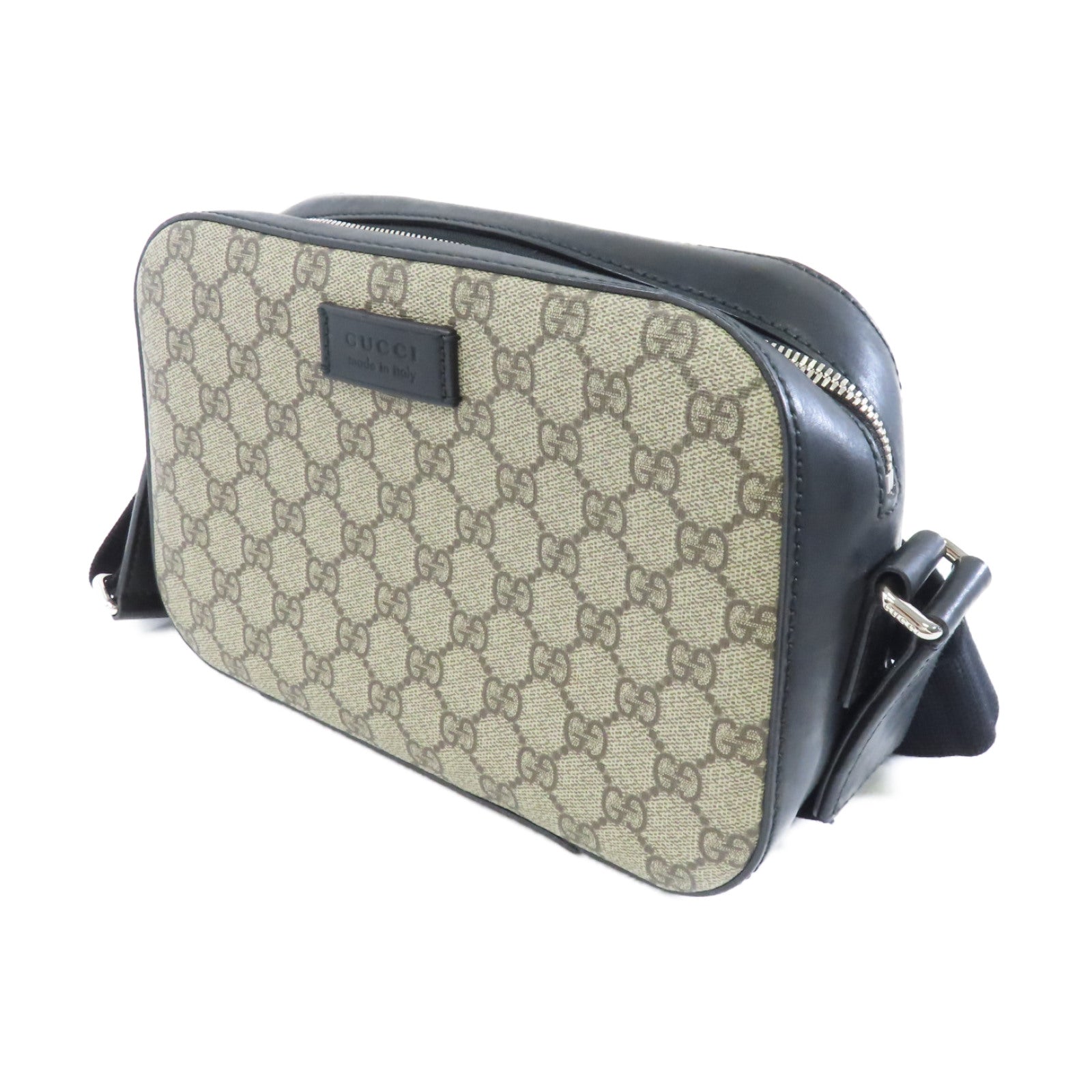 GUCCI 牛皮皮革/塗層帆布銀扣肩背袋黑色