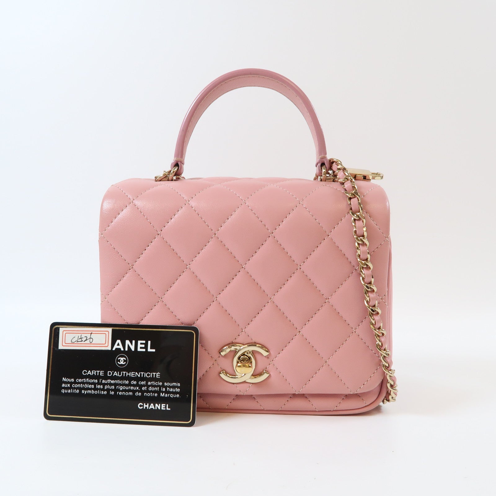 CHANEL 菱格羊皮皮革Mini Flap Bag金扣手挽肩背兩用袋粉紅色