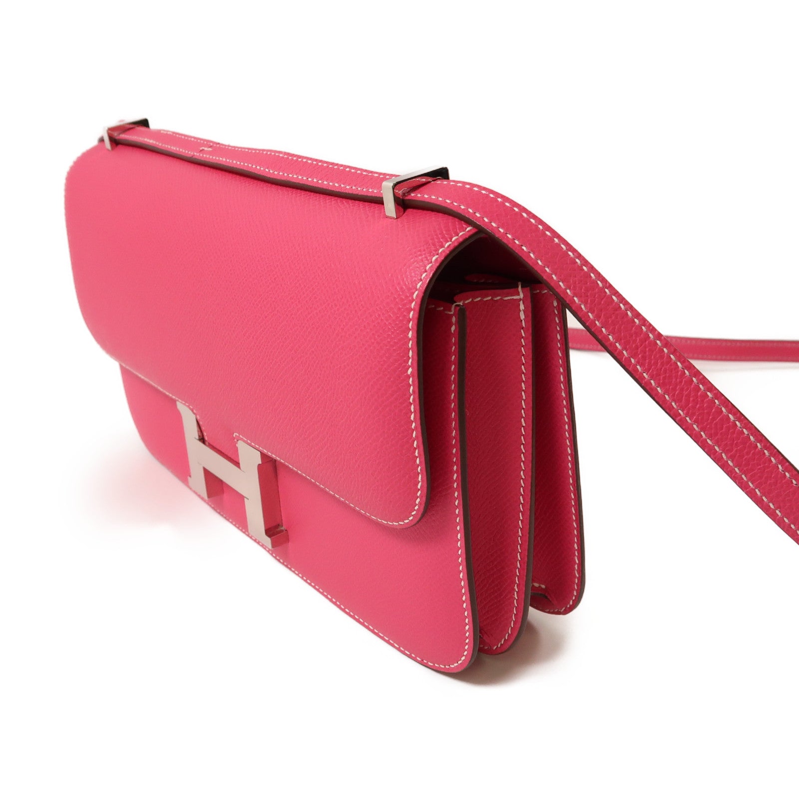 HERMES Epsom皮革Constance Elan銀扣肩背袋Rose Tyrien/粉紅色