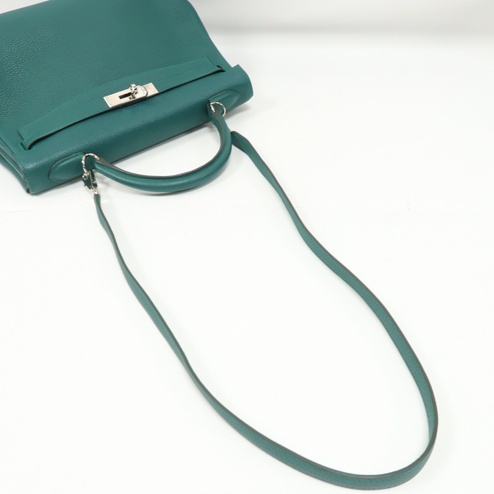 HERMES Clemence皮革Kelly 32銀扣手挽肩背兩用袋絲絨綠色