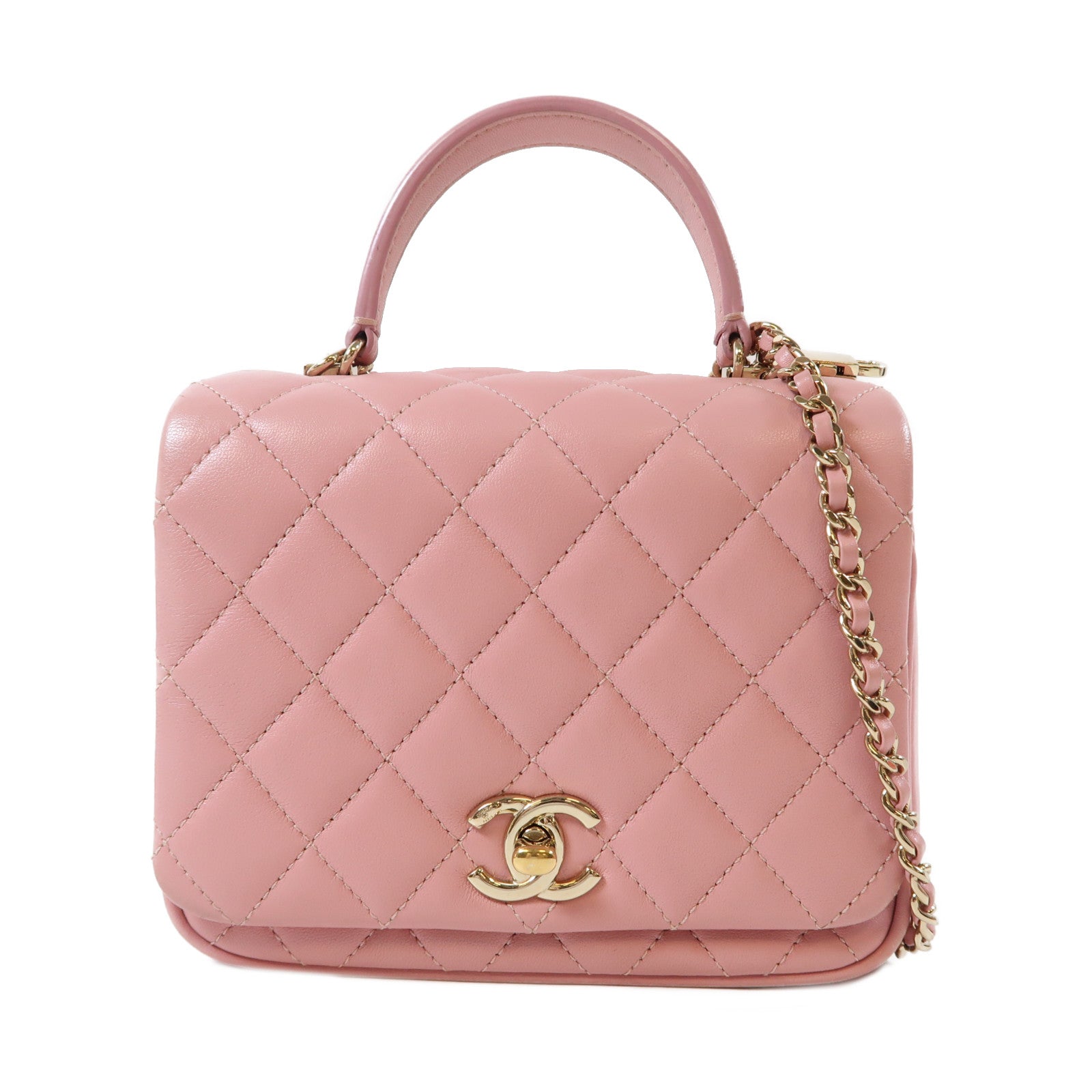 CHANEL 菱格羊皮皮革Mini Flap Bag金扣手挽肩背兩用袋粉紅色