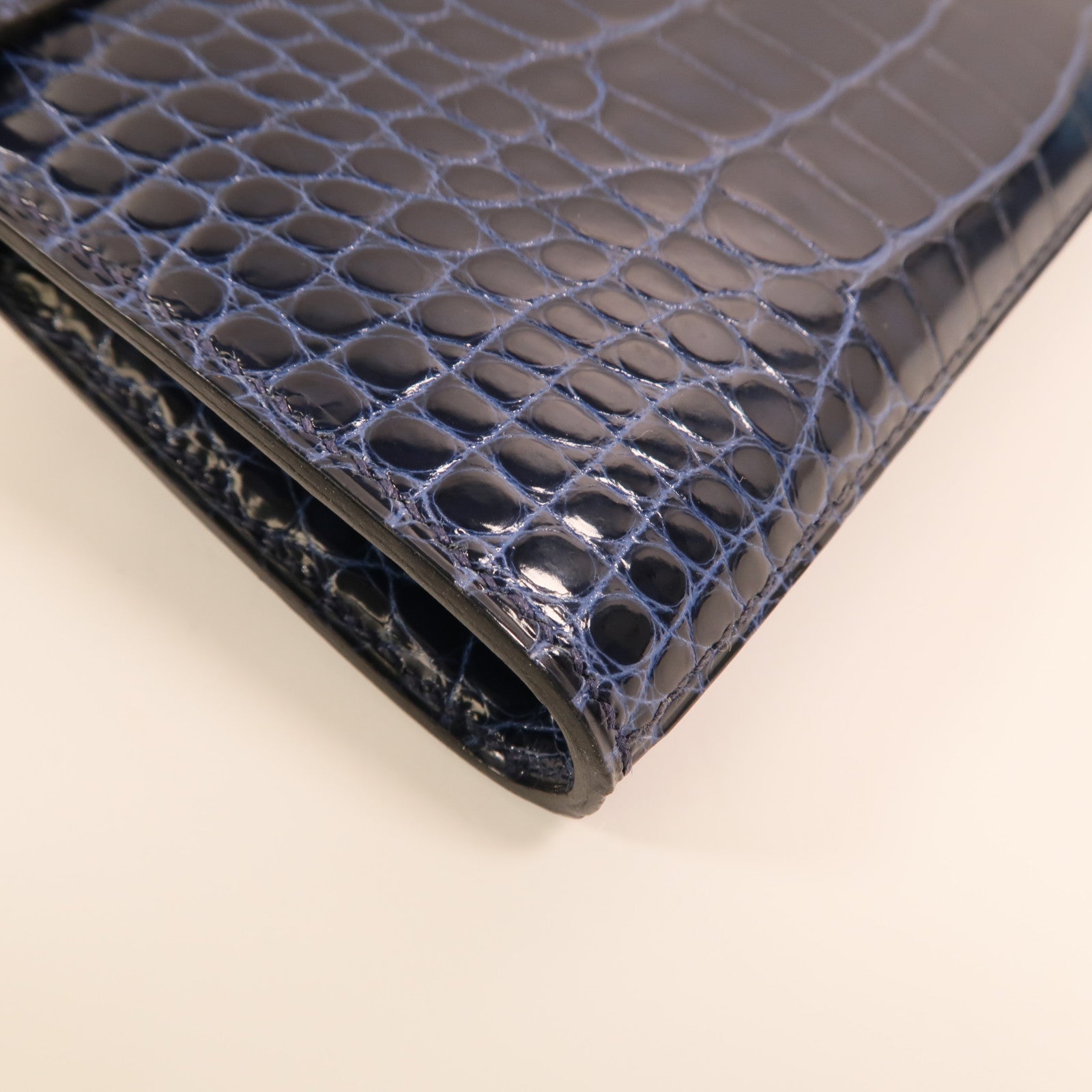 HERMES Alligator皮革Kelly Long Wallet金扣長錢包Bleu Saphir