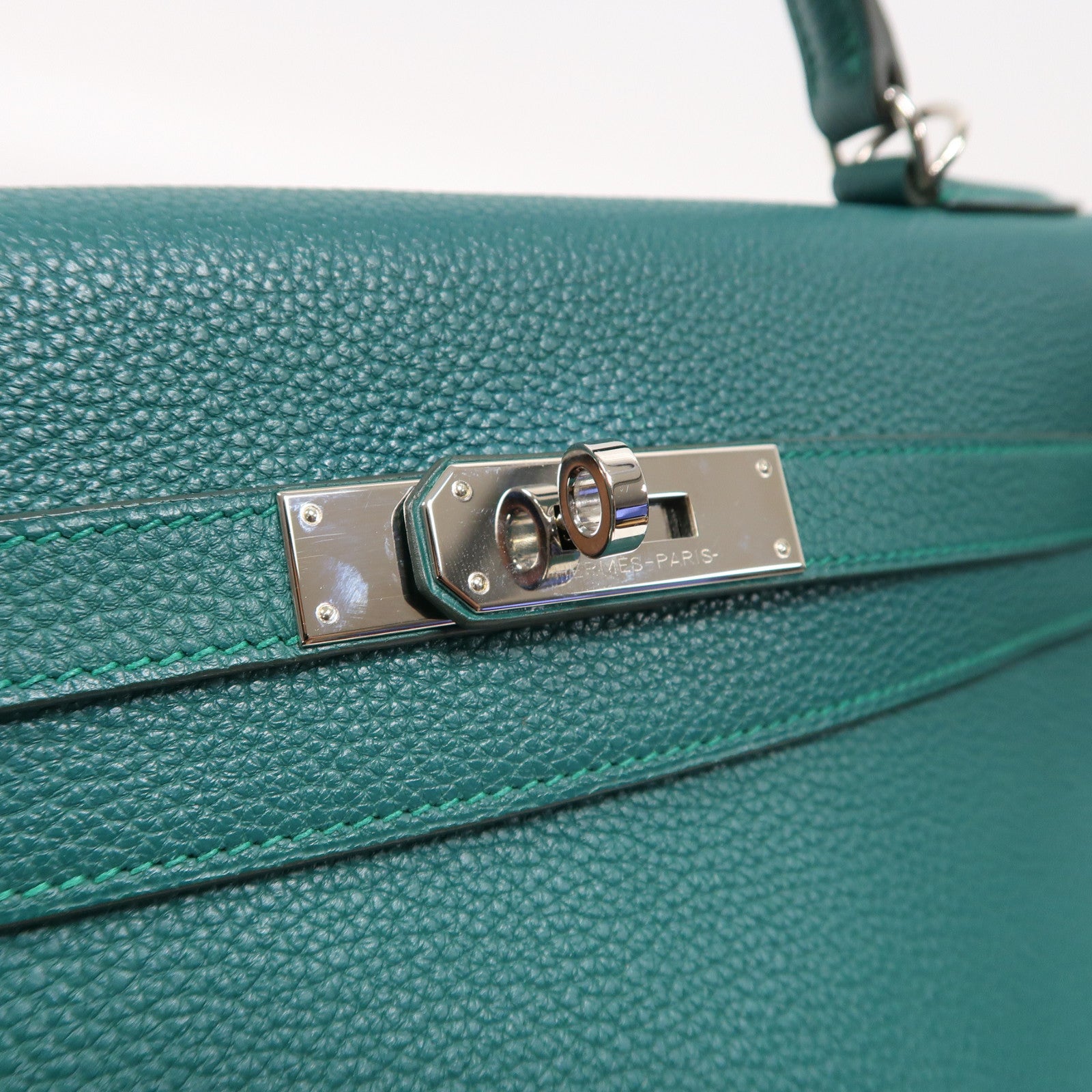HERMES Clemence皮革Kelly 32銀扣手挽肩背兩用袋絲絨綠色