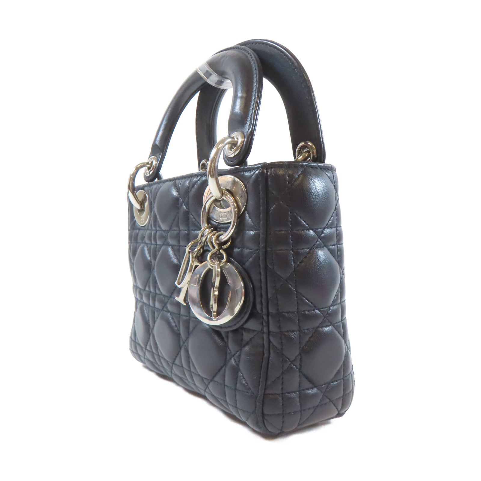 Dior 羊皮皮革Lady Dior Mini銀扣手挽肩背兩用袋深藍色