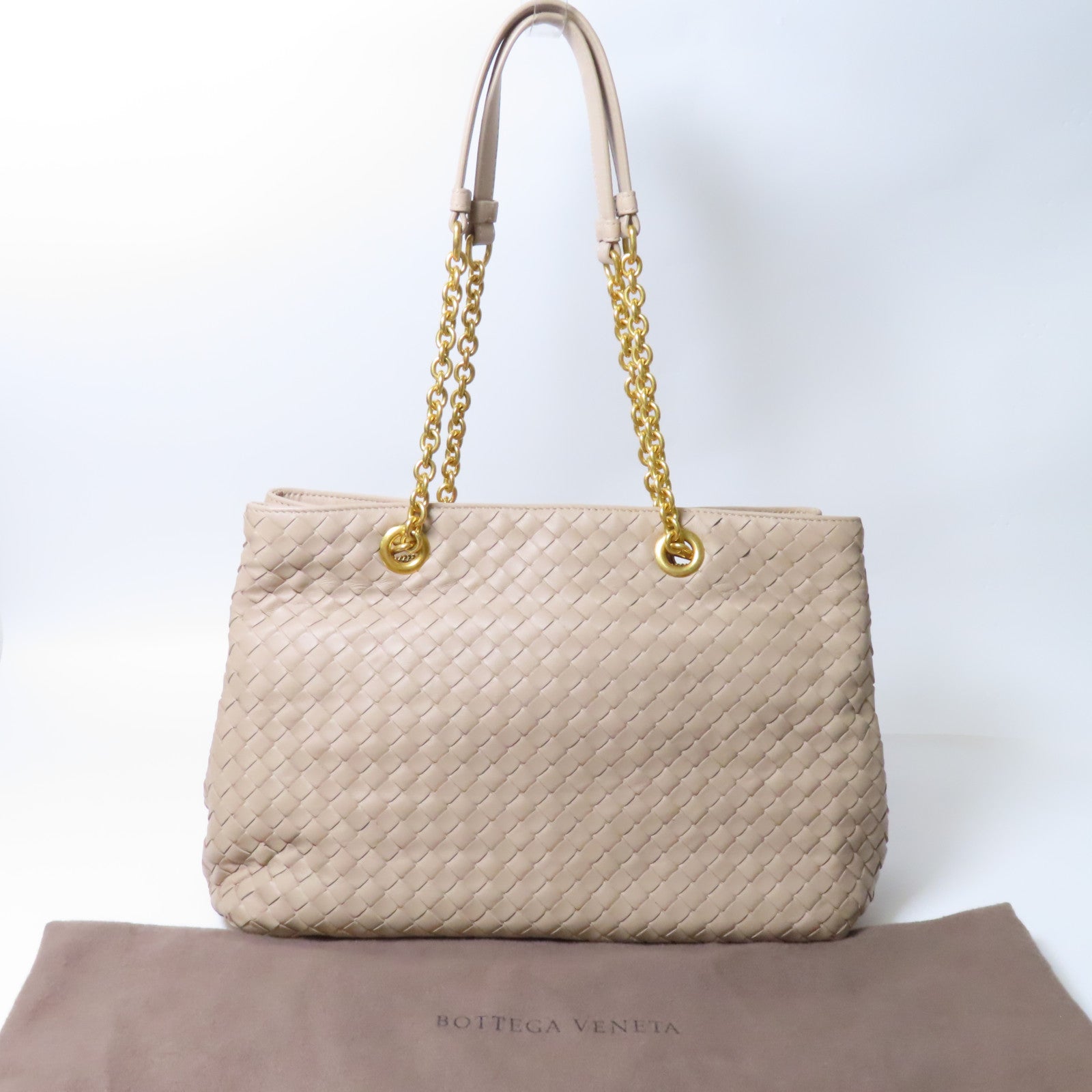 BOTTEGA VENETA 織紋皮革Shoulder Bag金扣鏈帶肩背袋米色