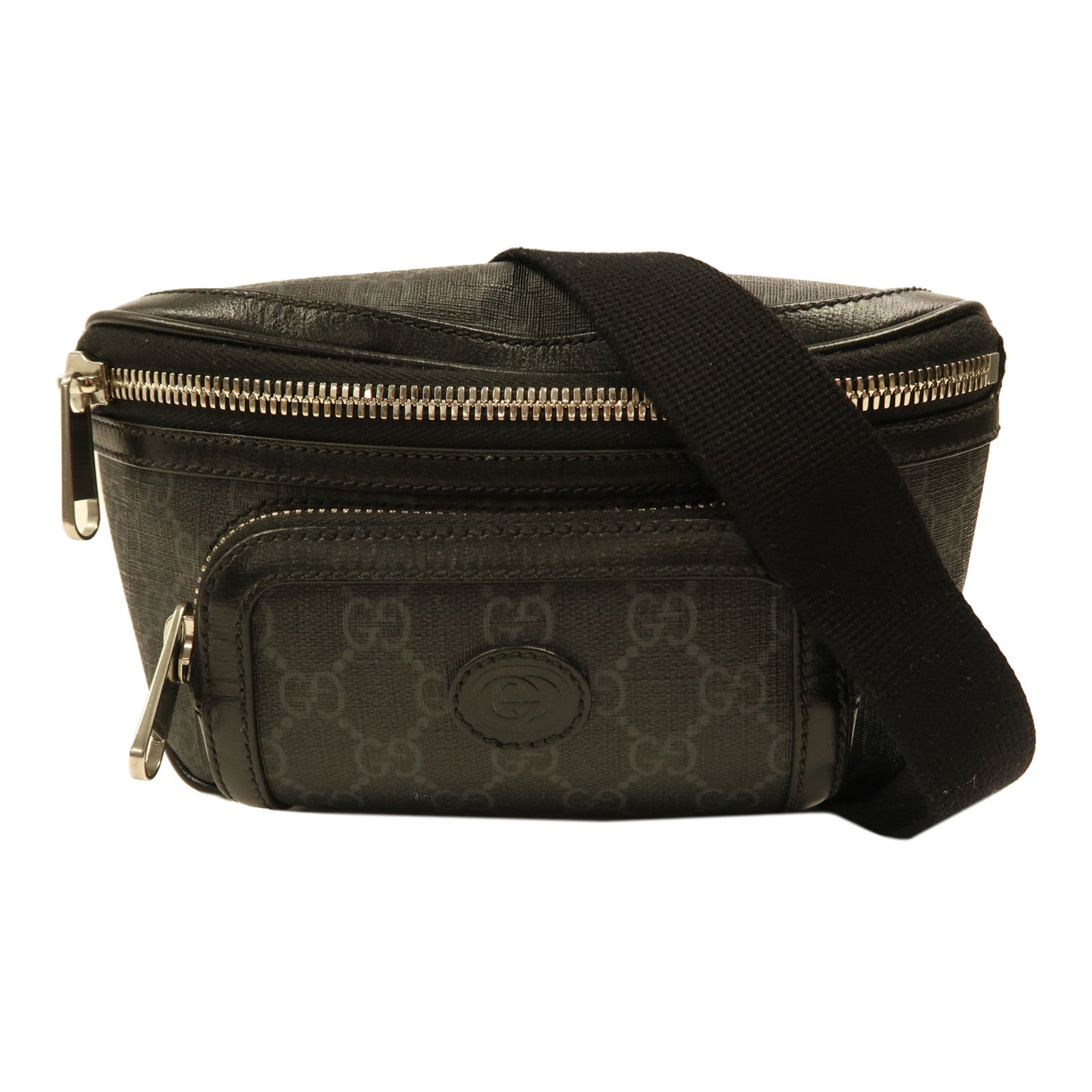 GUCCI 牛皮皮革/塗層帆布GG Retro銀扣腰包黑色