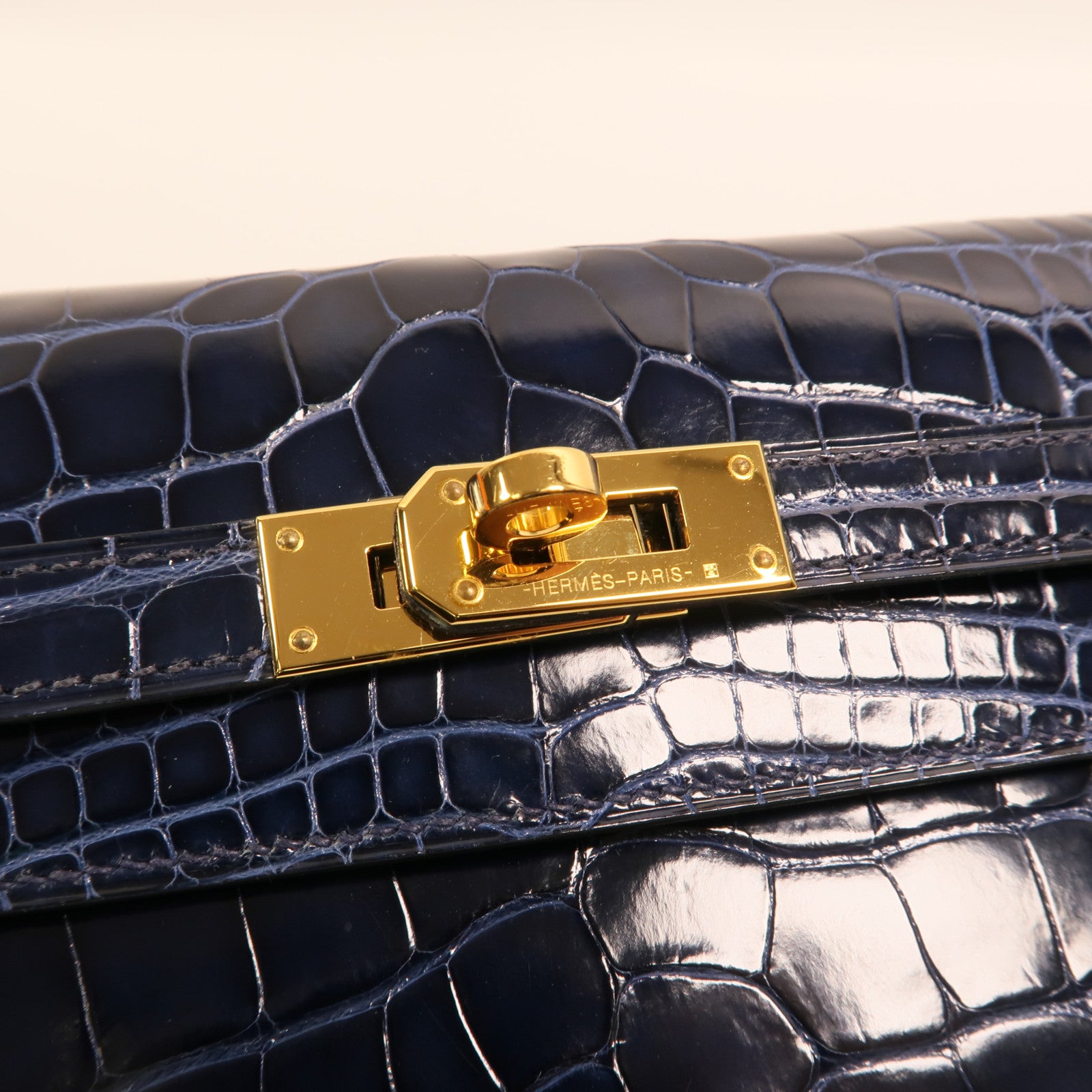 HERMES Alligator皮革Kelly Long Wallet金扣長錢包Bleu Saphir