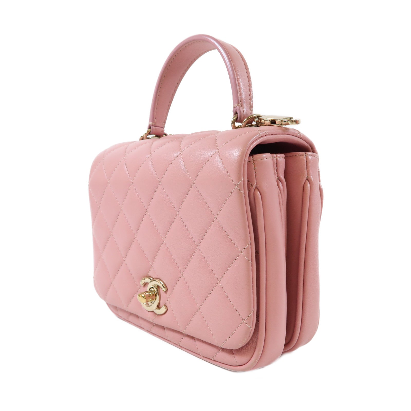CHANEL 菱格羊皮皮革Mini Flap Bag金扣手挽肩背兩用袋粉紅色