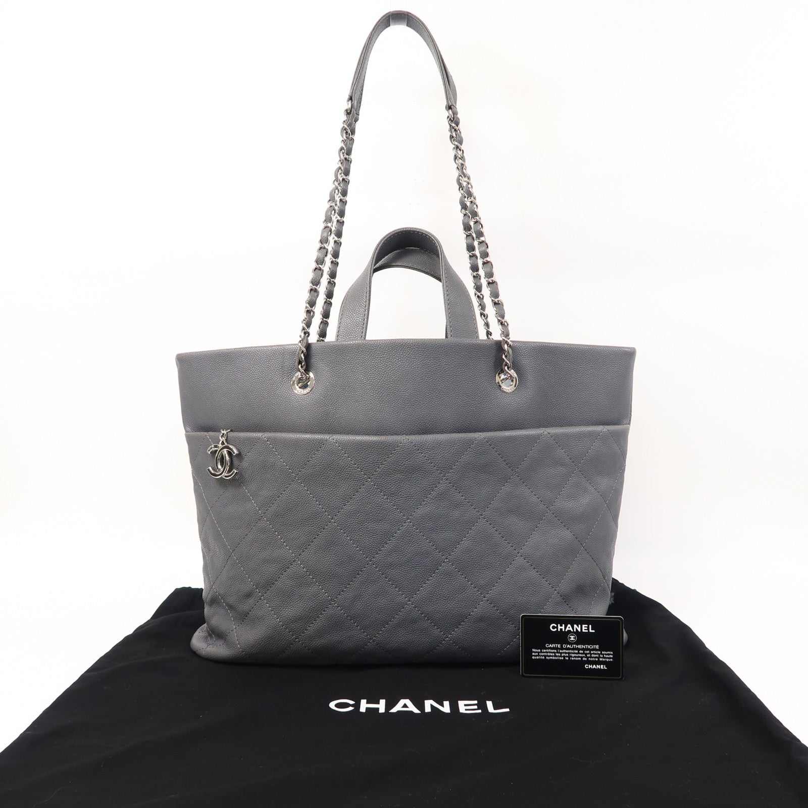 CHANEL 菱格牛皮皮革Tote Bag銀扣手挽肩背兩用袋灰色