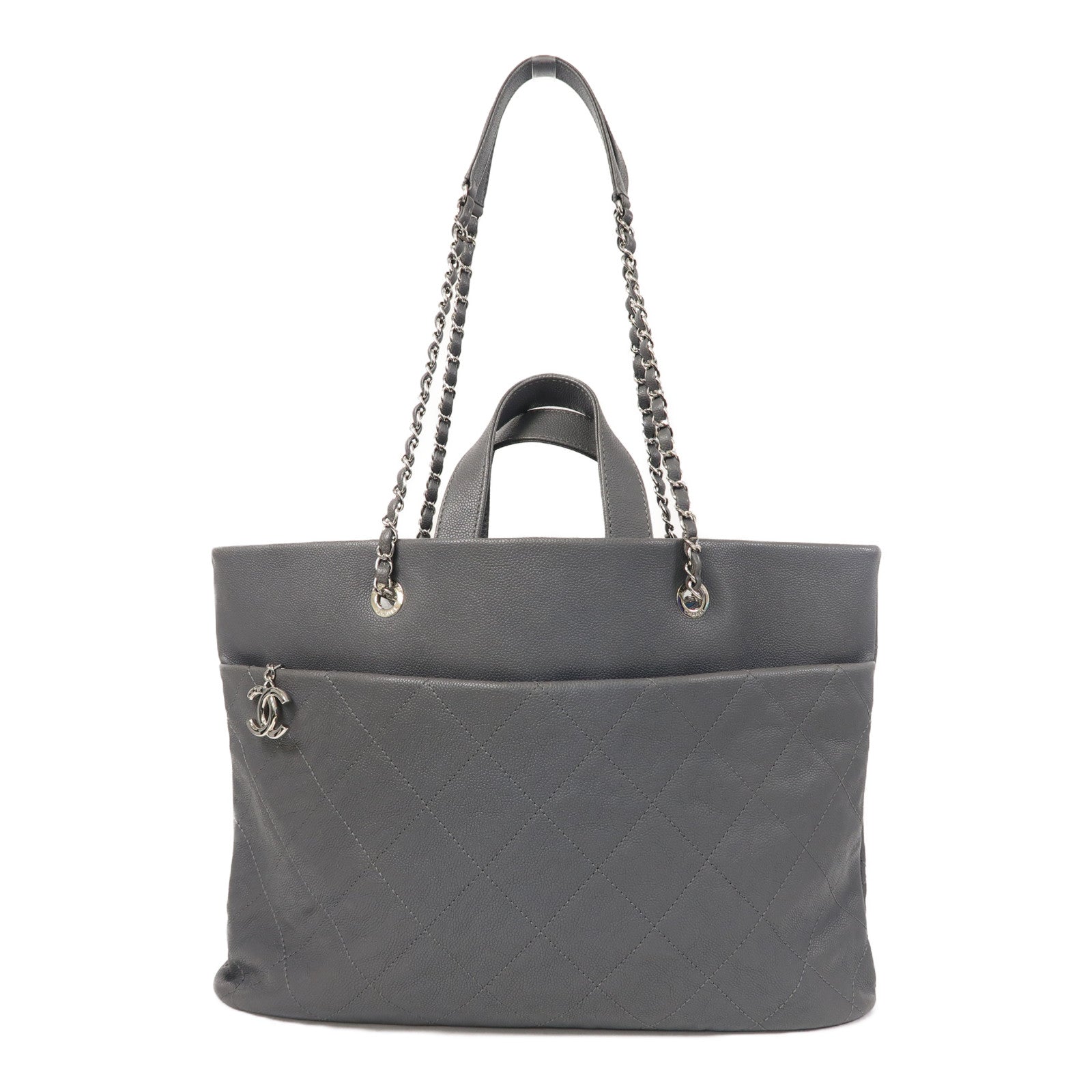 CHANEL 菱格牛皮皮革Tote Bag銀扣手挽肩背兩用袋灰色