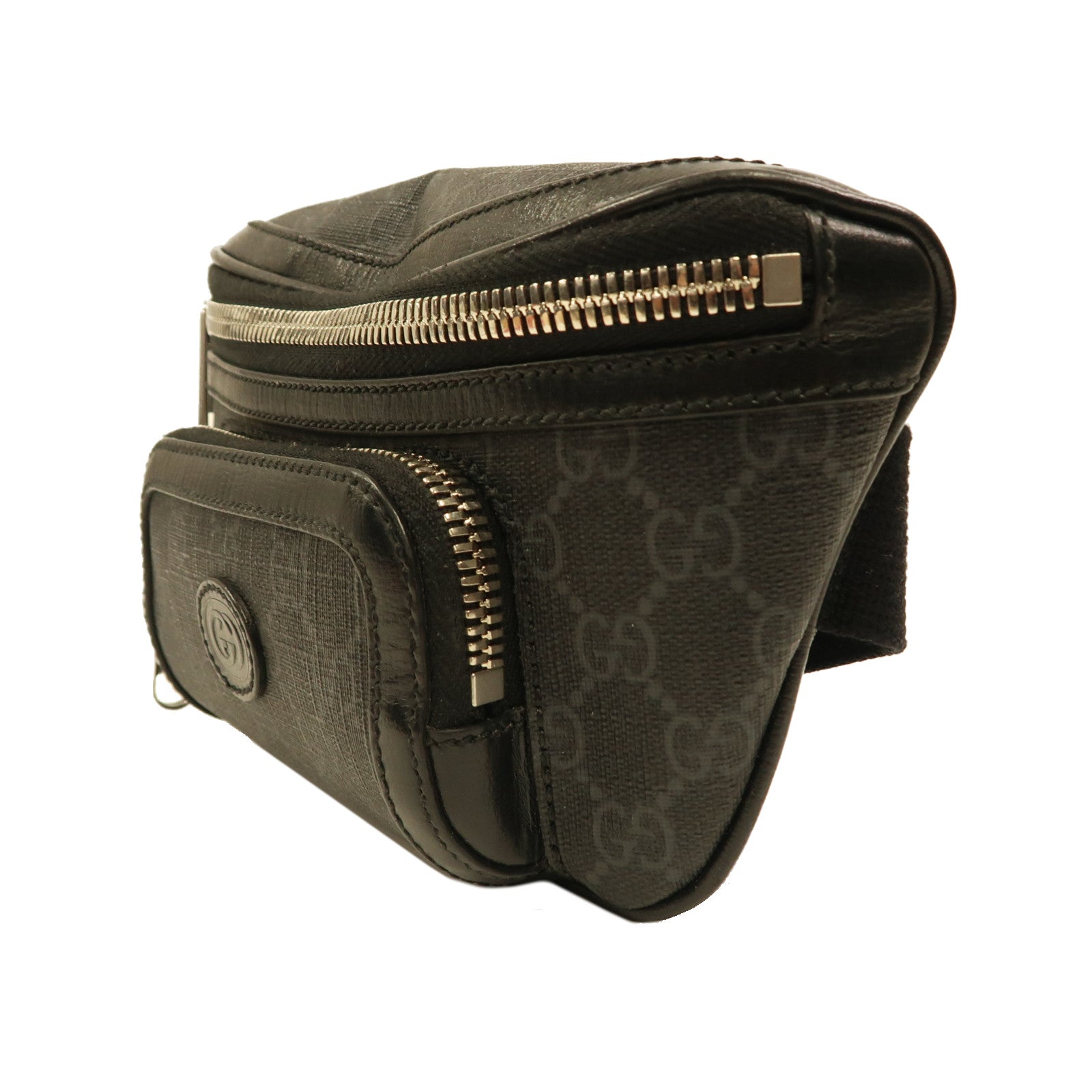 GUCCI 牛皮皮革/塗層帆布GG Retro銀扣腰包黑色