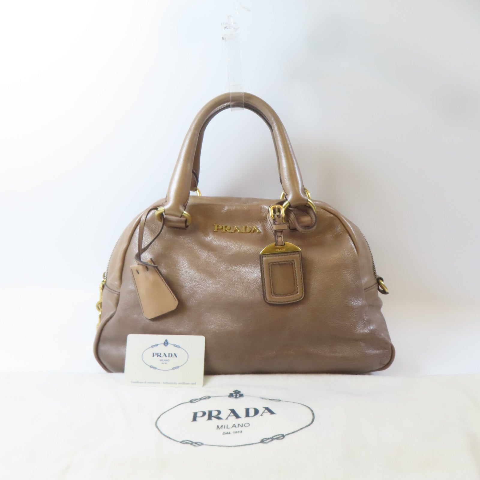 PRADA 牛皮皮革Handbag金扣手挽袋啡色