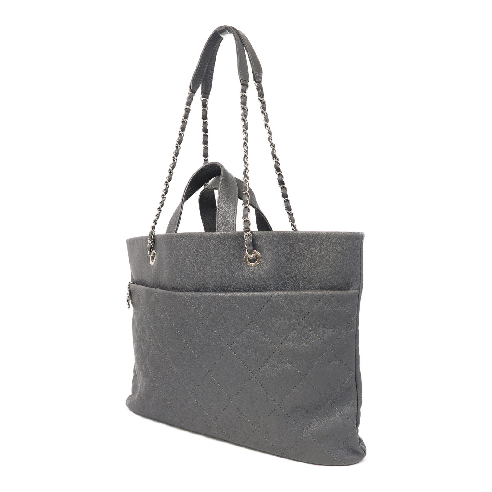 CHANEL 菱格牛皮皮革Tote Bag銀扣手挽肩背兩用袋灰色
