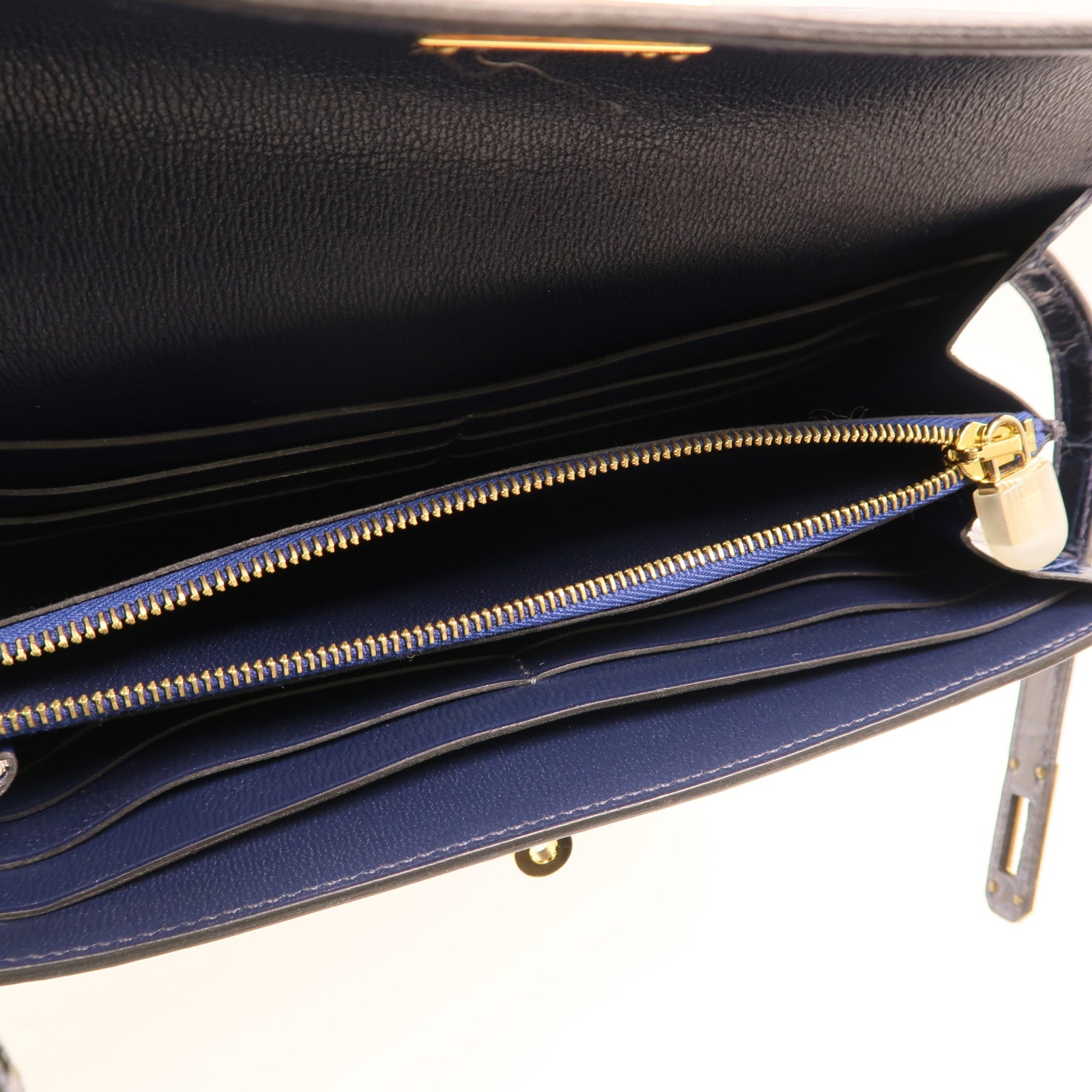 HERMES Alligator皮革Kelly Long Wallet金扣長錢包Bleu Saphir