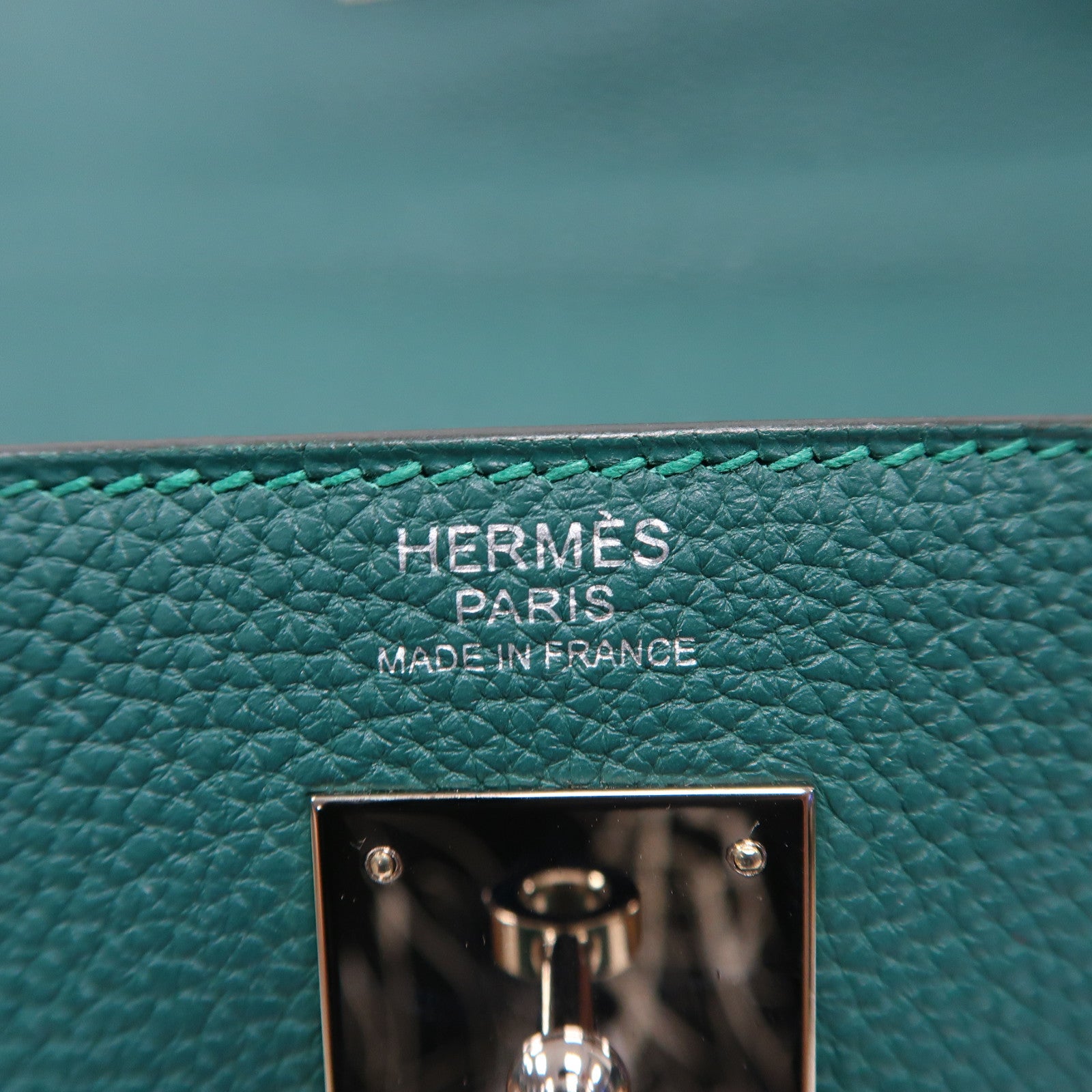 HERMES Clemence皮革Kelly 32銀扣手挽肩背兩用袋絲絨綠色