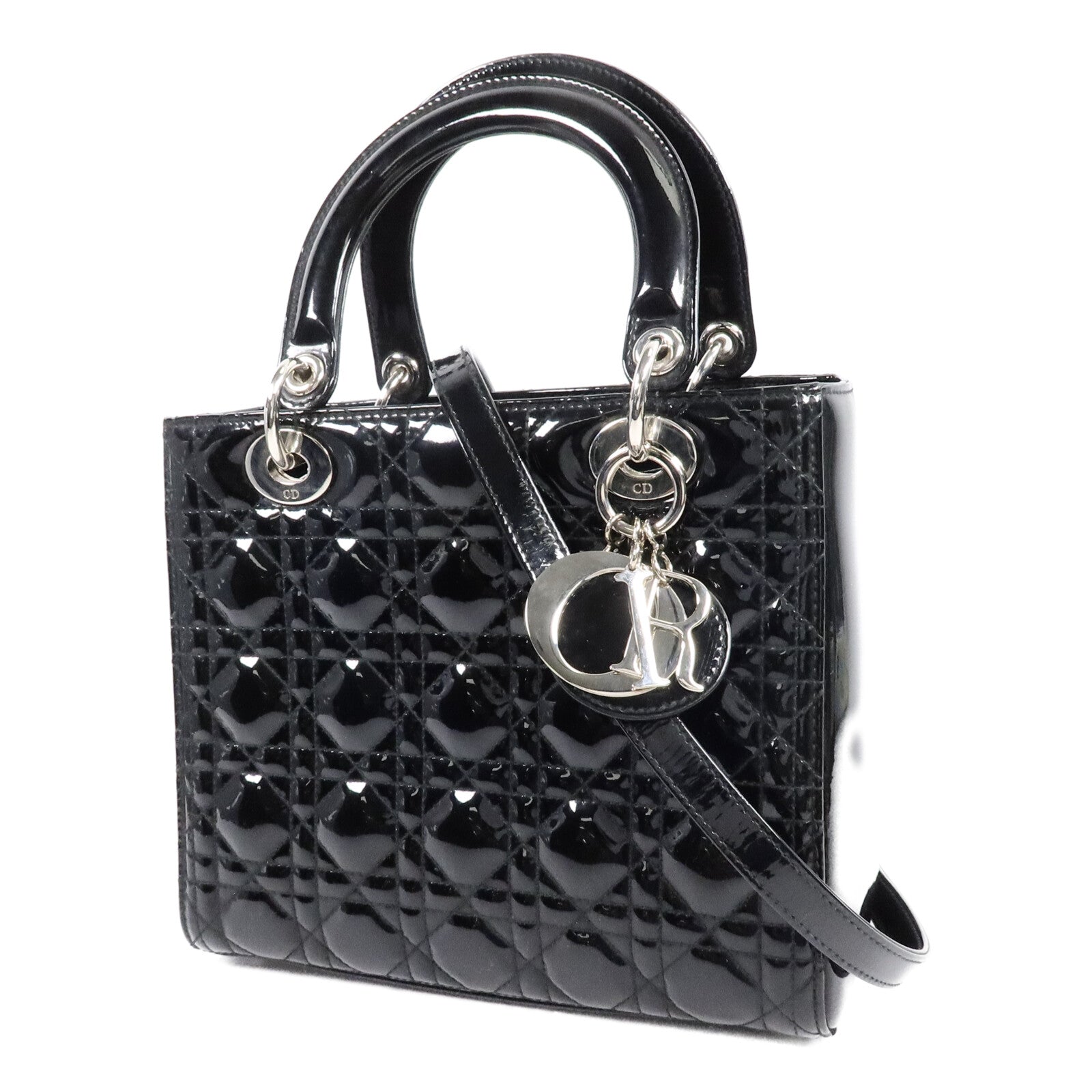 Dior 漆皮皮革Lady Dior Medium金扣手挽肩背兩用袋