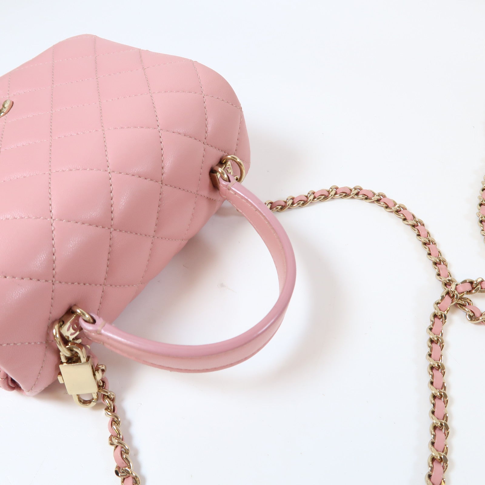 CHANEL 菱格羊皮皮革Mini Flap Bag金扣手挽肩背兩用袋粉紅色