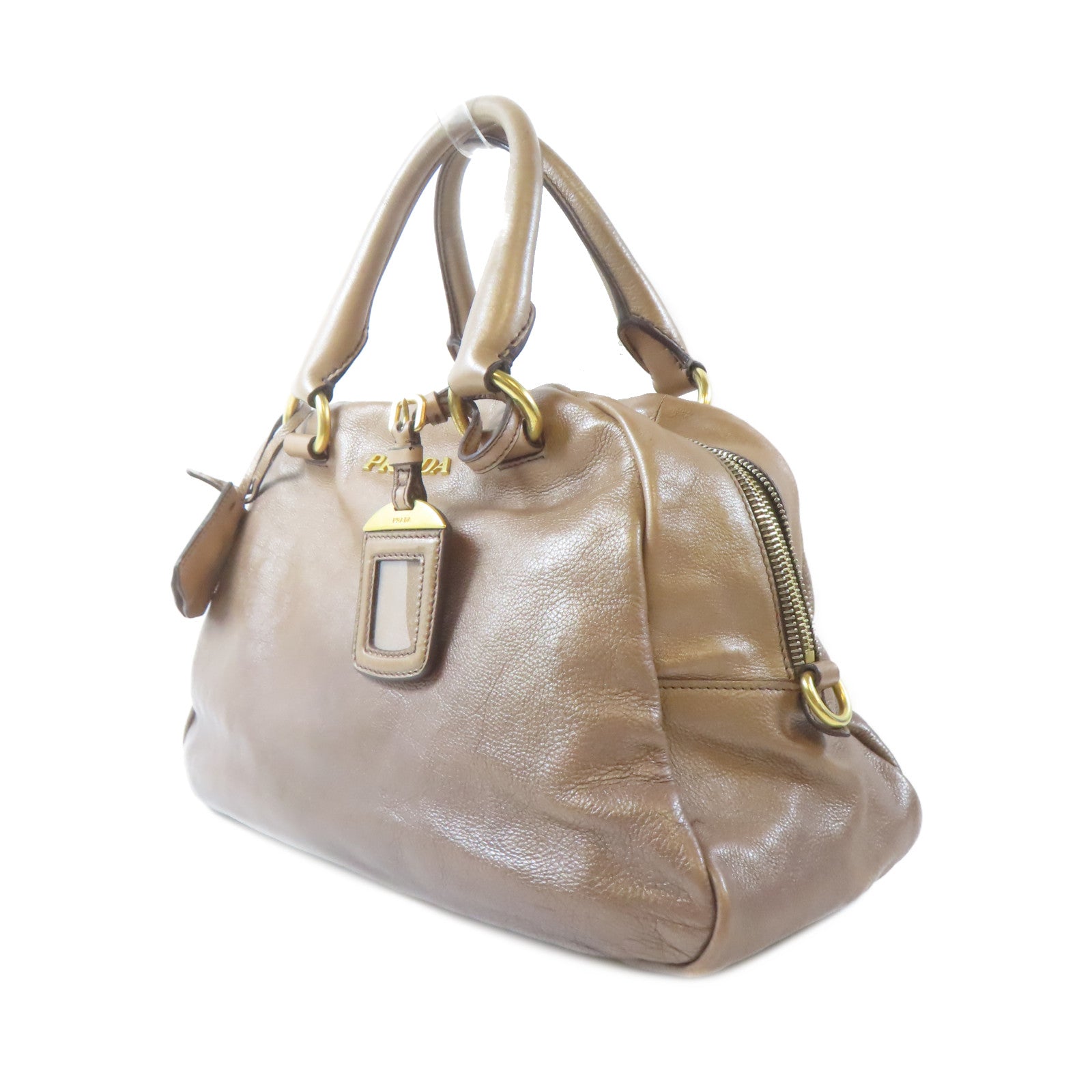 PRADA 牛皮皮革Handbag金扣手挽袋啡色