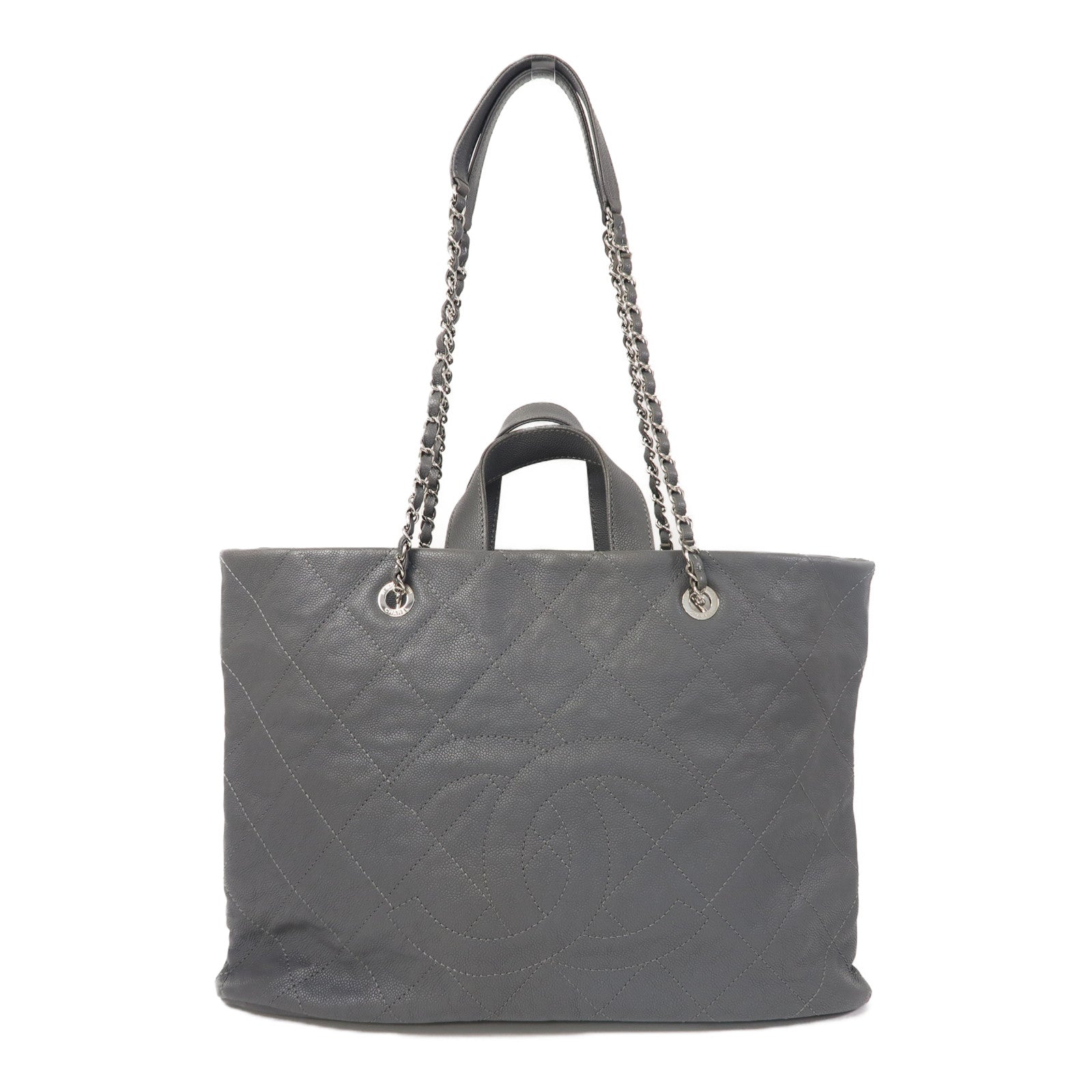 CHANEL 菱格牛皮皮革Tote Bag銀扣手挽肩背兩用袋灰色