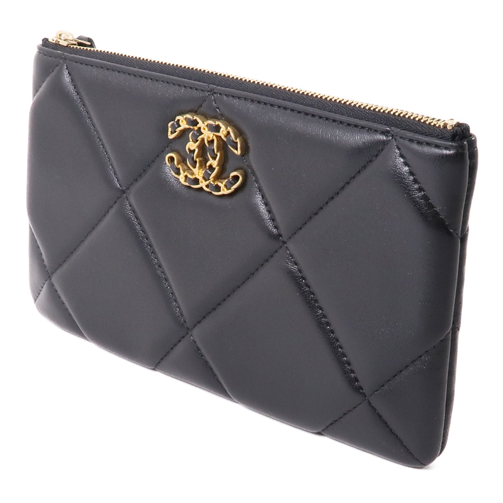 CHANEL 皮革Chanel 19 Pouch金扣手拿包黑色