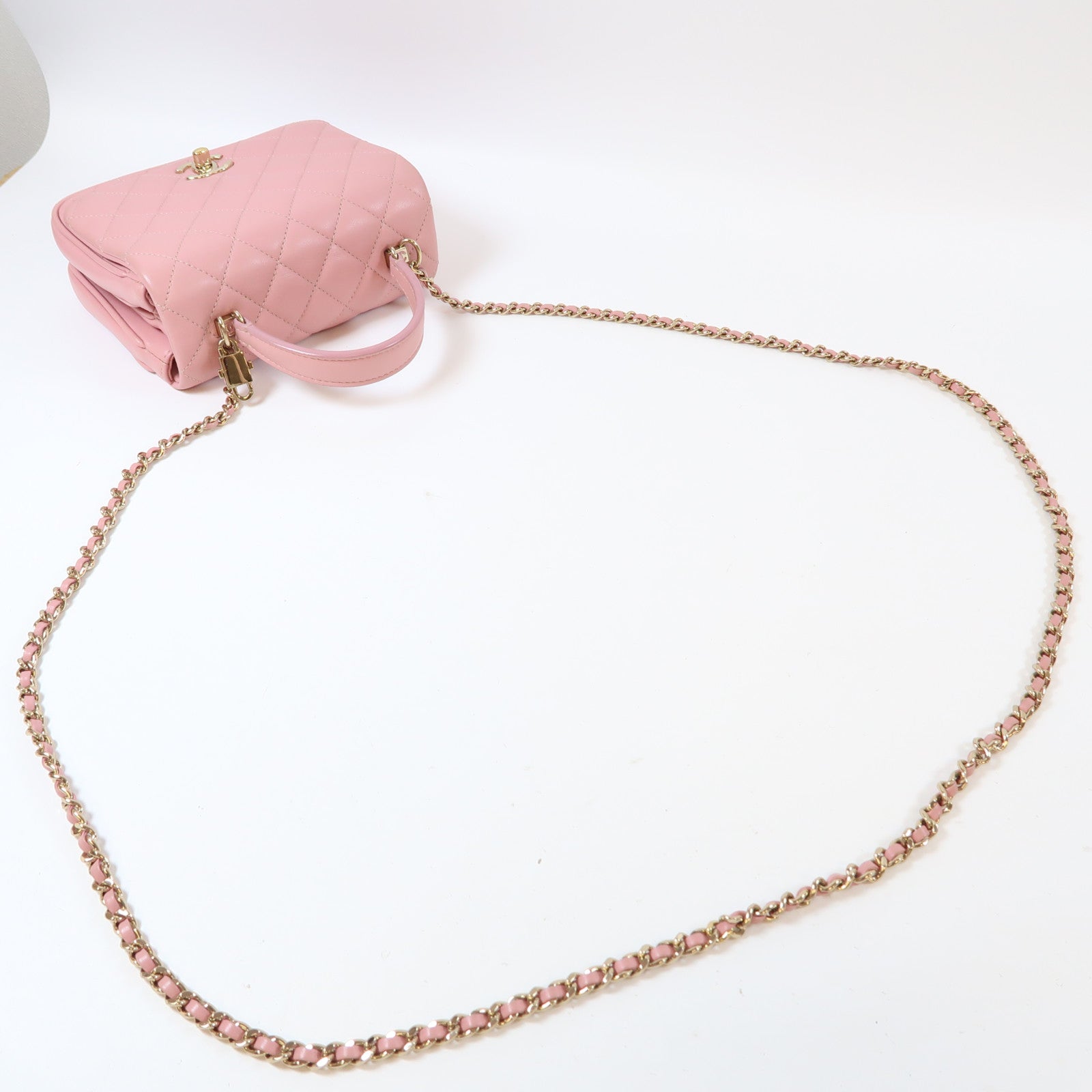 CHANEL 菱格羊皮皮革Mini Flap Bag金扣手挽肩背兩用袋粉紅色