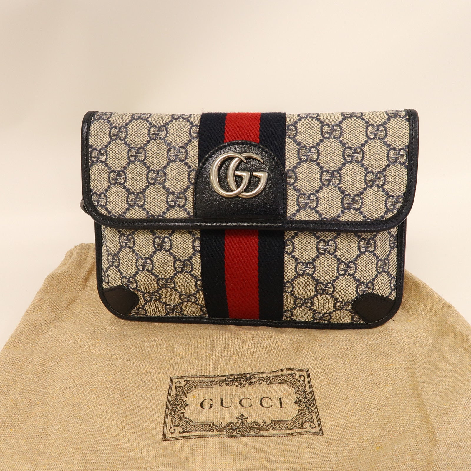 GUCCI 【激減優惠】塗層帆布Ophidia GG銀扣腰包黑色