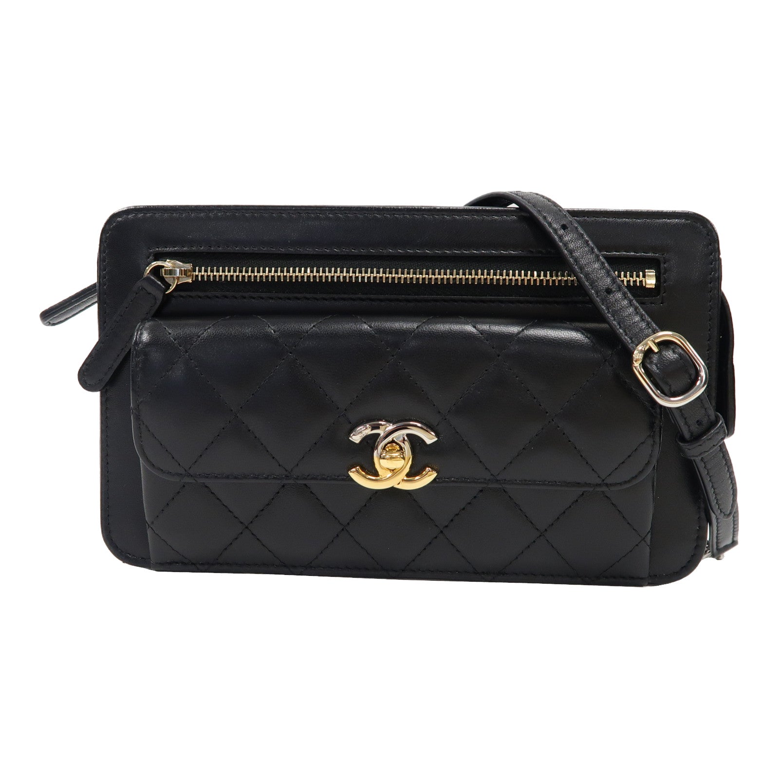 CHANEL 菱格羊皮皮革Waist Bag金扣腰包黑色