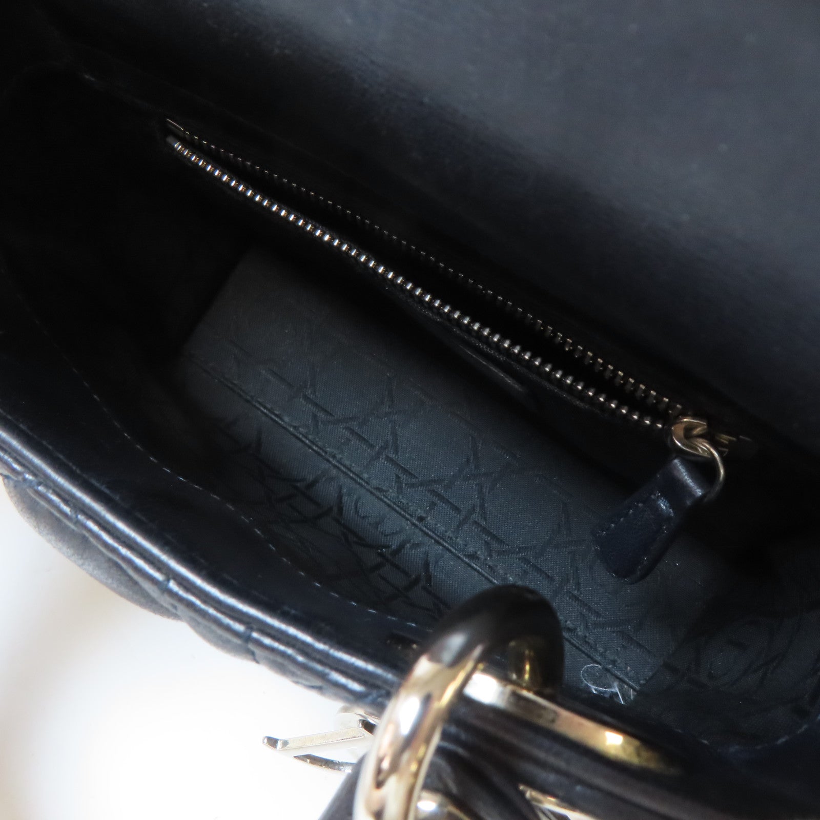 Dior 羊皮皮革Lady Dior Mini銀扣手挽肩背兩用袋深藍色