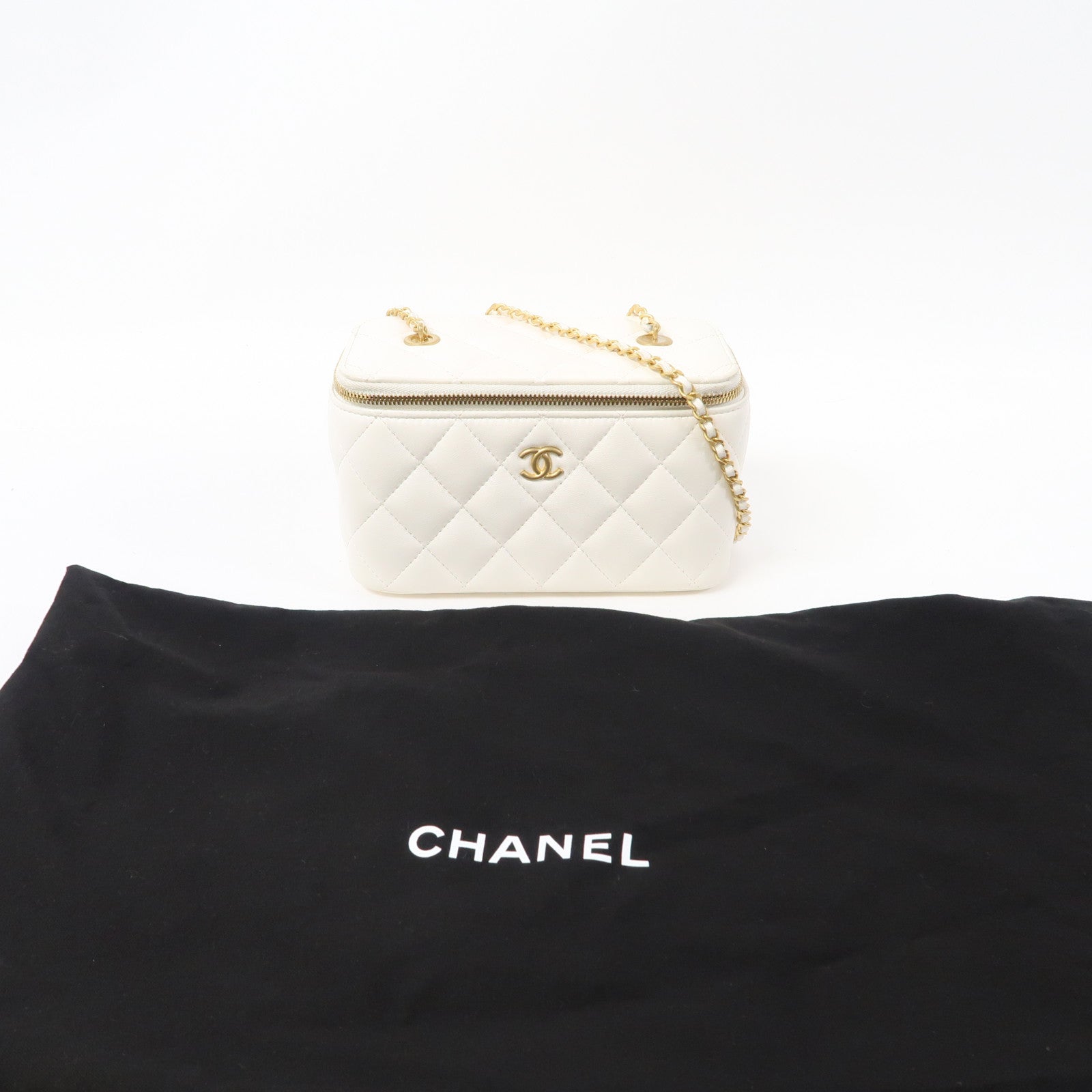 CHANEL 【激減優惠】菱格羊皮皮革Vanity Case金扣鏈帶肩背袋白色