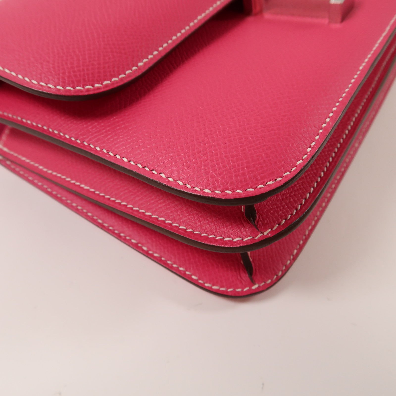 HERMES Epsom皮革Constance Elan銀扣肩背袋Rose Tyrien/粉紅色