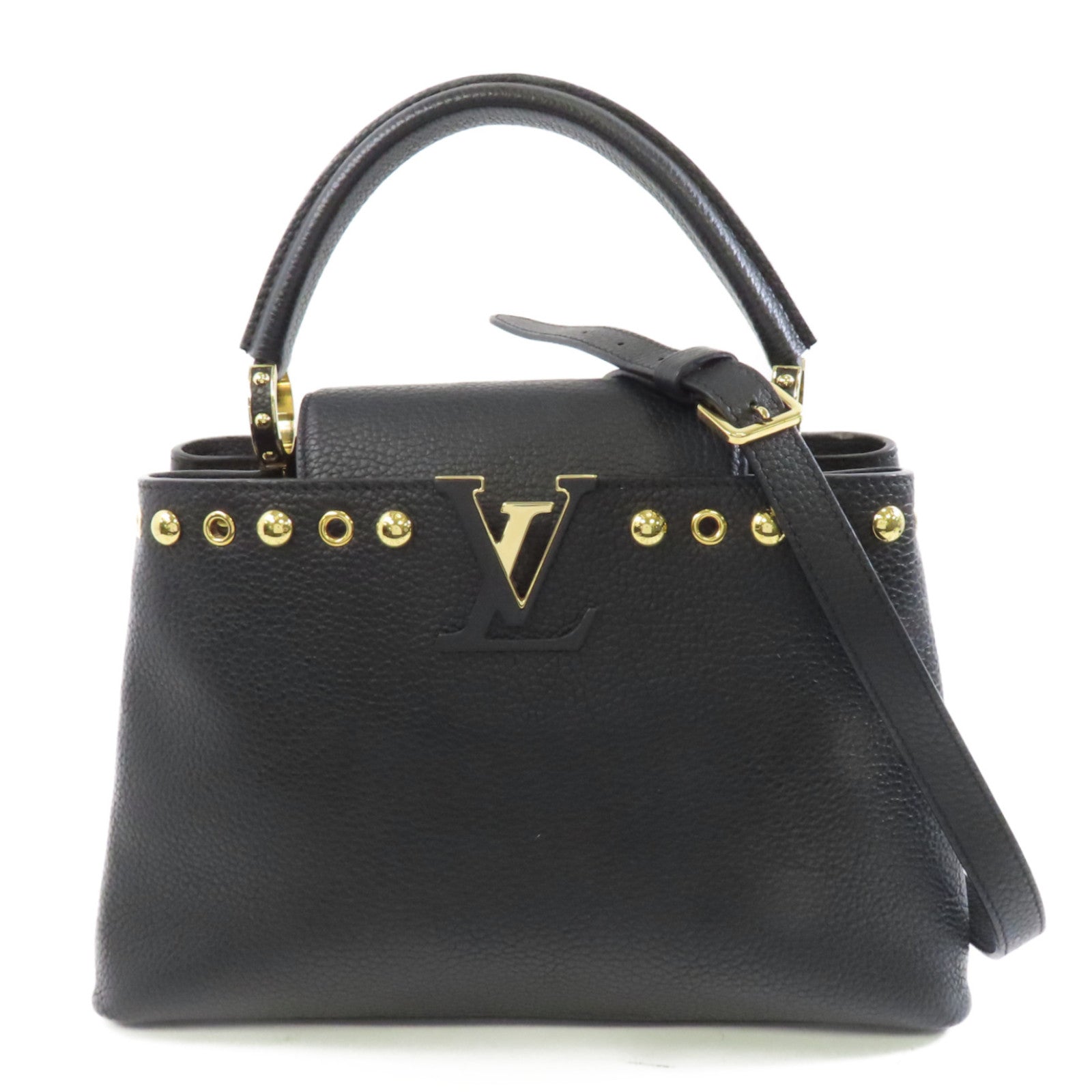 LOUIS VUITTON 牛皮皮革Capucines MM金扣手挽肩背兩用袋黑色